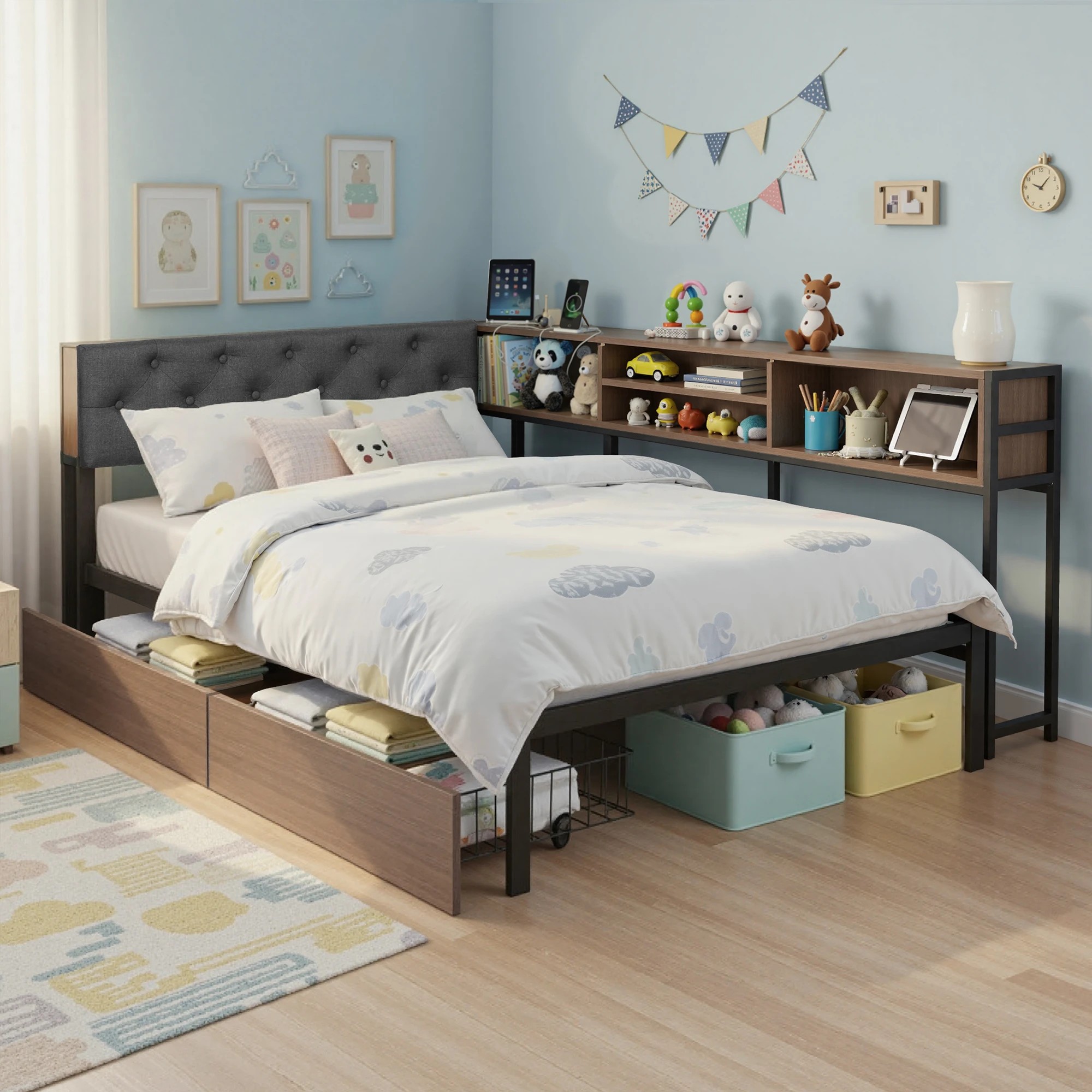 9 Artiss Bed Frame King Single Size with 2 Drawers and Charging Station Metal Corner - Multi, 9 of 9