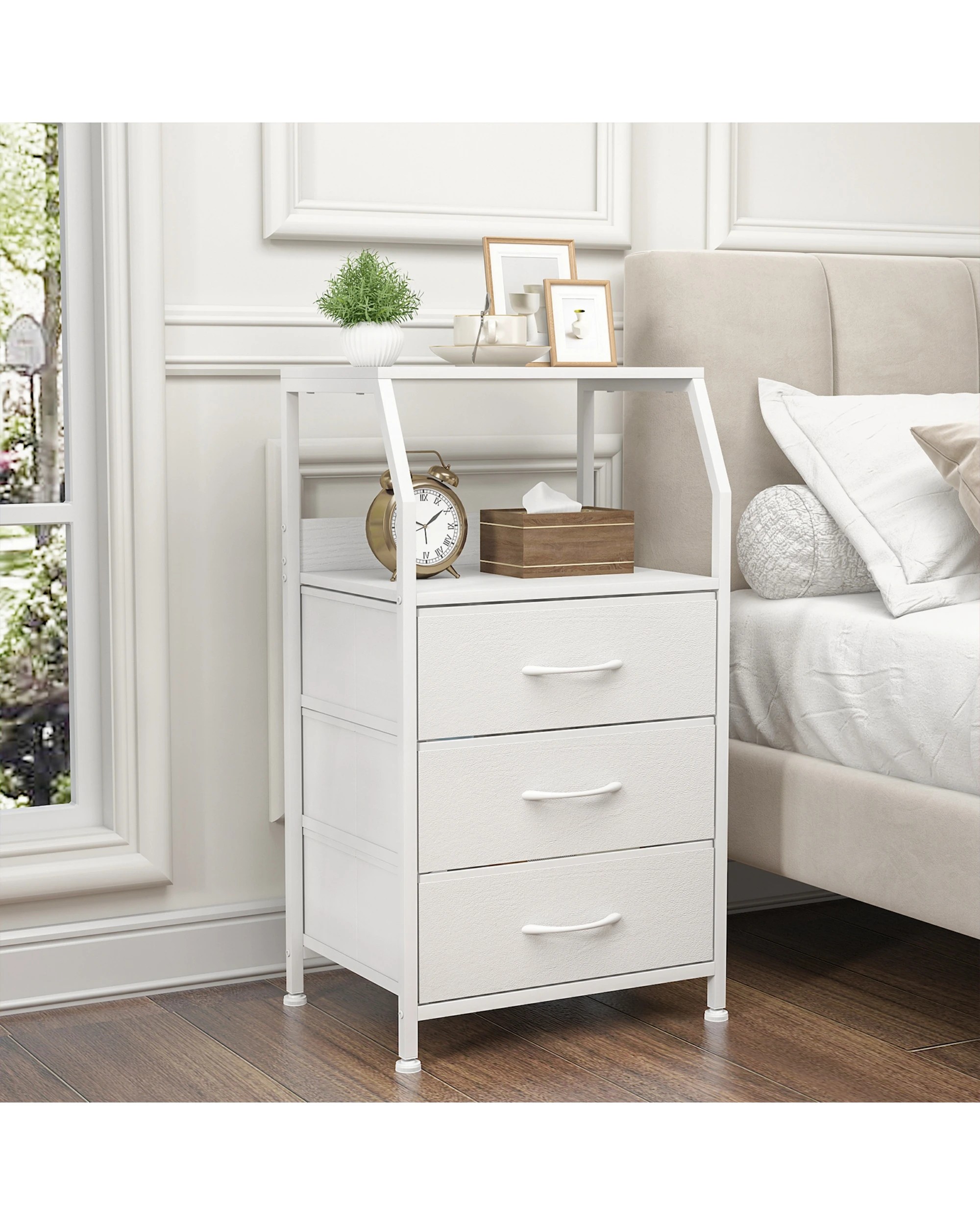 2 Advwin Bedside Table 3 Fabric Drawer with Storage Shelf - White, 2 of 7