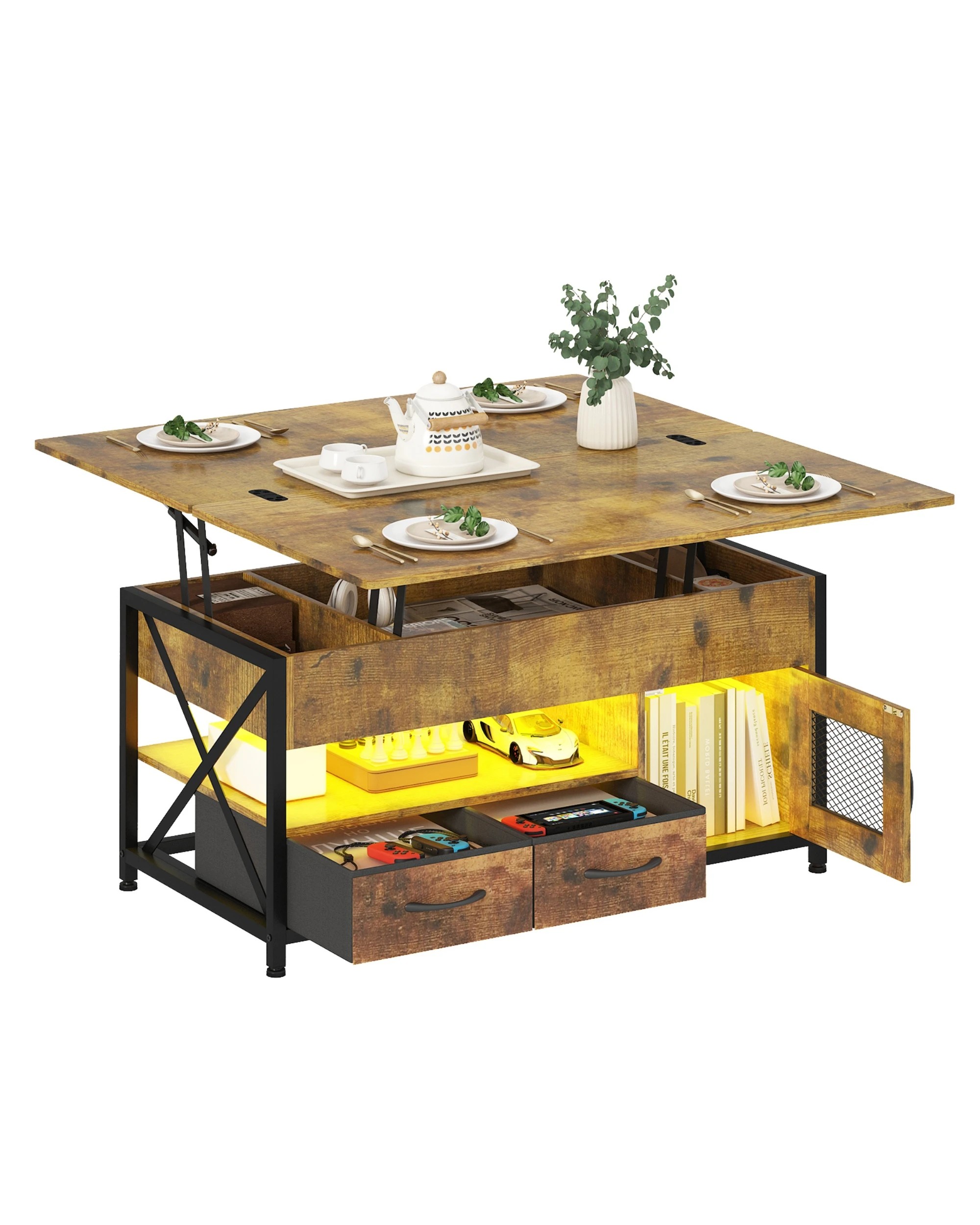 4 Advwin 4-in-1 LED Lift Top Coffee Table w/ Hidden Compartment & Display Shelf Rising Center Table w/ & Drawer & Cabinet, 4 of 10