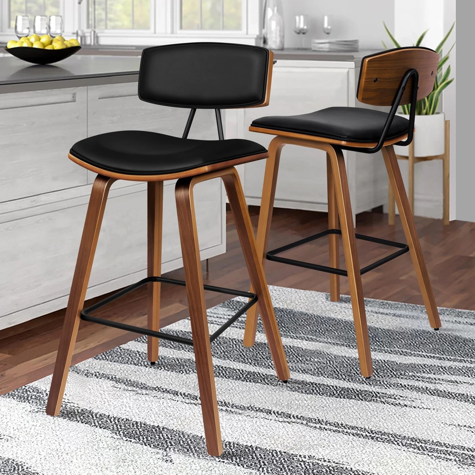 2 Alfordson 2x Wooden Bar Stools Mabel Kitchen Dining Chair Wood Vintage - Black, 2 of 9