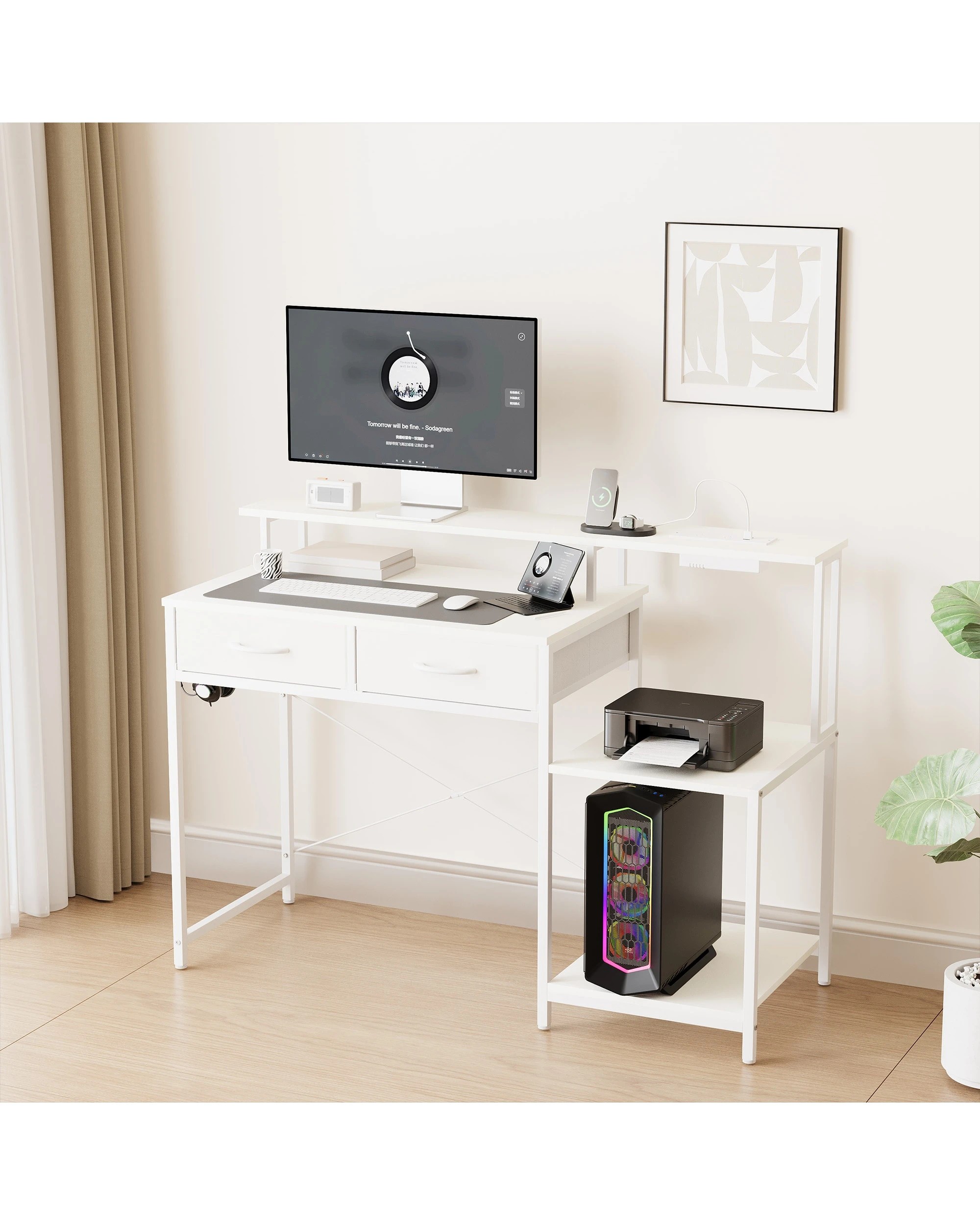 3 Advwin 120cm Gaming Desk With Led Lights Power Outlets Reversible Printer Storage Shelf Computer Desk White, 3 of 10