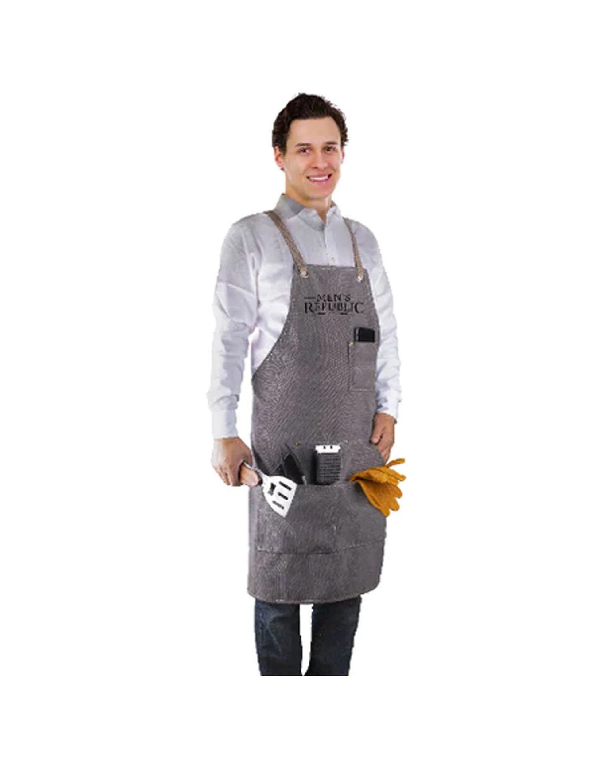 2 Mens Republic Bbq Cooking Grilling Apron Canvas Material Multiple Front Pockets Adjustable Fit - Grey, 2 of 3