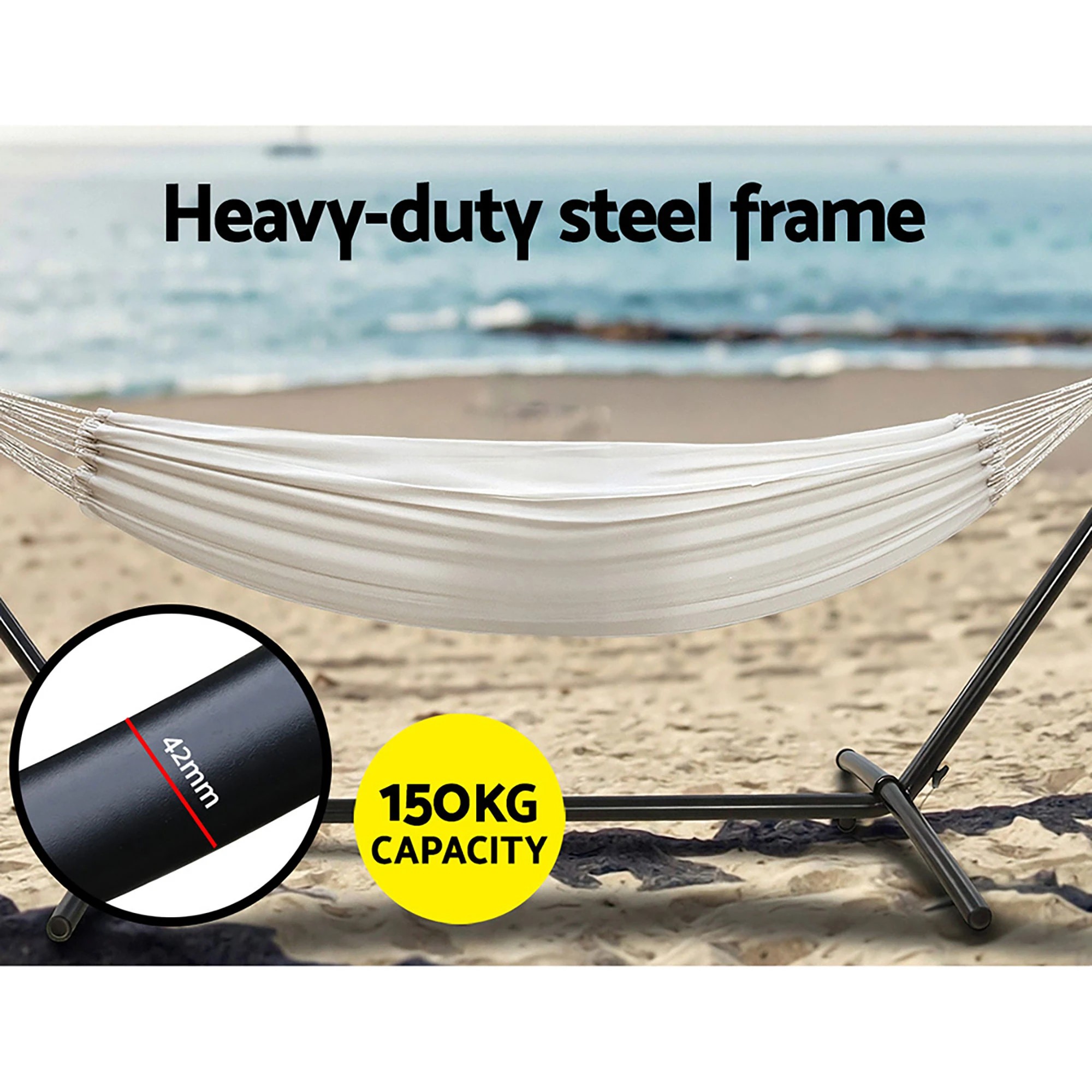 4 Gardeon Hammock Bed Camping Chair Outdoor Lounge Single Cotton with Stand - Beige, 4 of 5