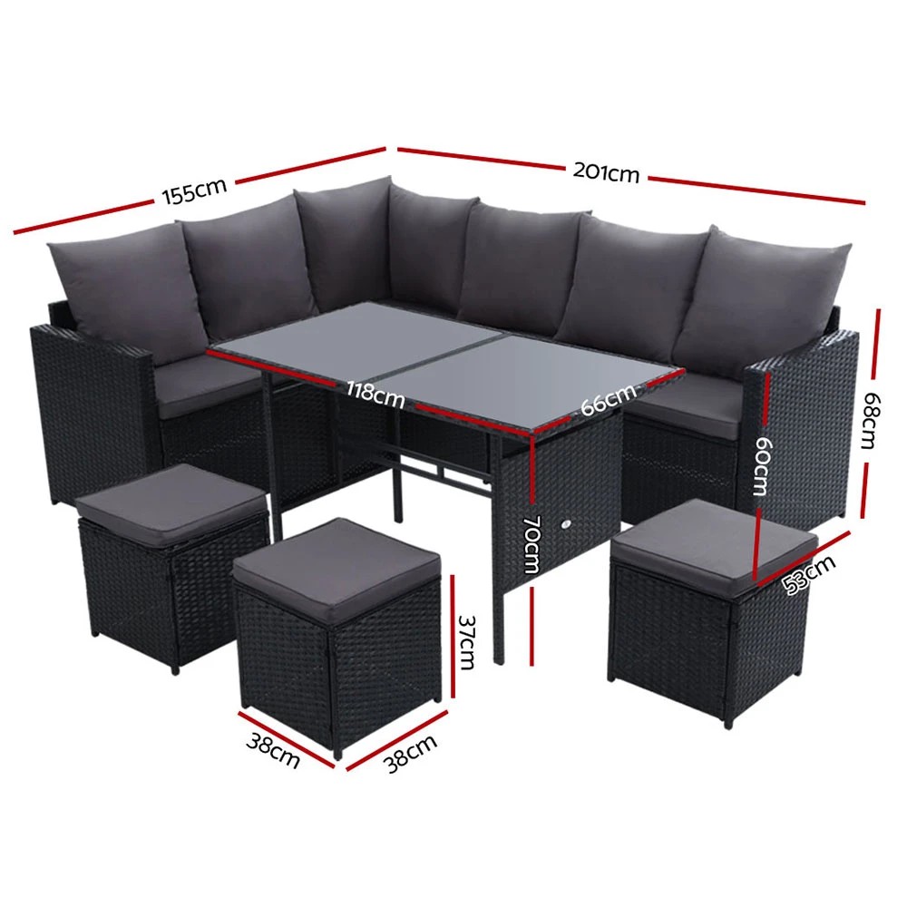 2 Gardeon Outdoor Dining Set Sofa Lounge Setting Chairs Table Ottoman Cover - Black, 2 of 6