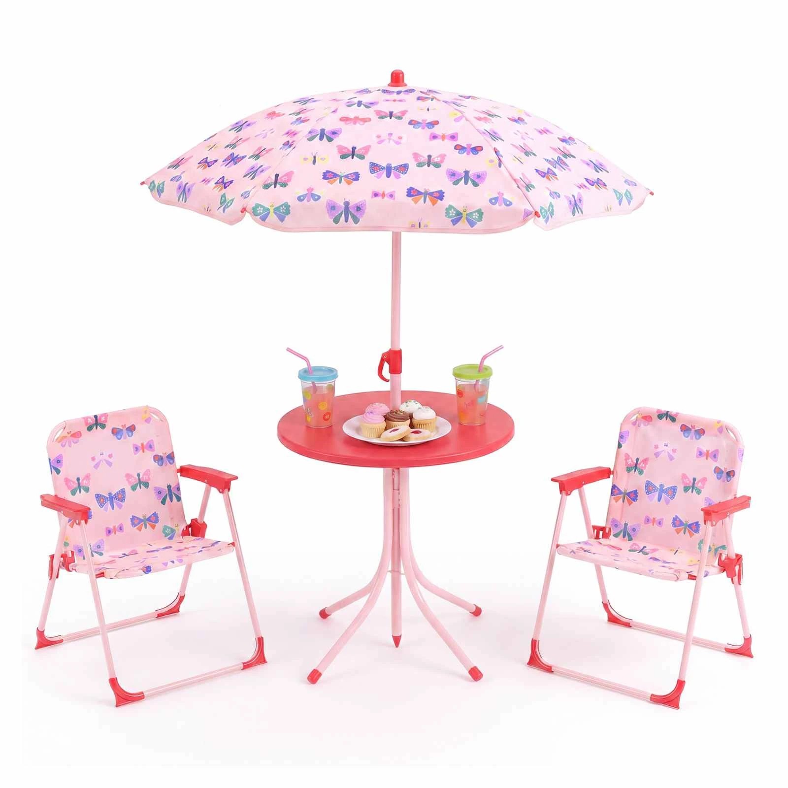 1 Costway Picnic Table Outdoor Table Folding Chairs Set w/Adjustable Umbrella Butterfly Theme, 1 of 2