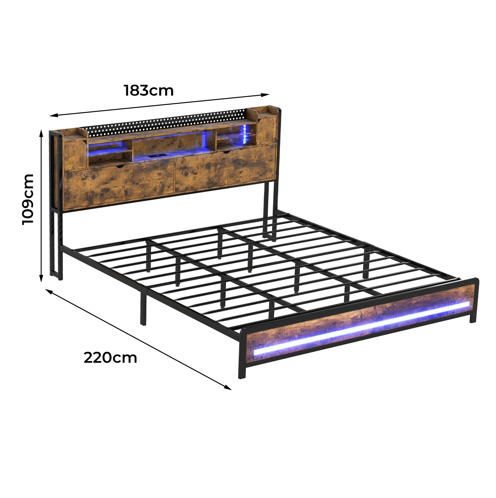 3 Levede King Bed Frame Industrial with LED Charging Station and Storage Bedhead, 3 of 9