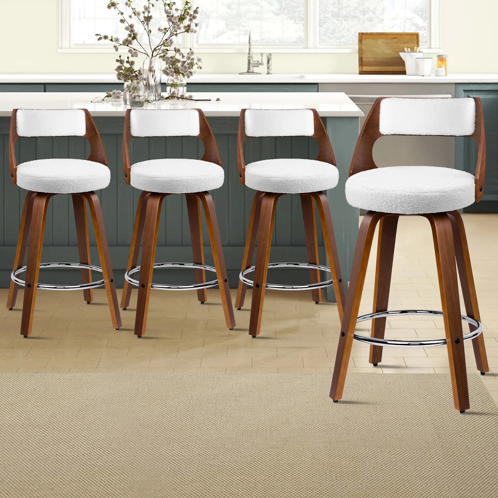 2 Alfordson 4x Swivel Bar Stools 65cm Kitchen Wooden Dining Chair Boucle - White, 2 of 10