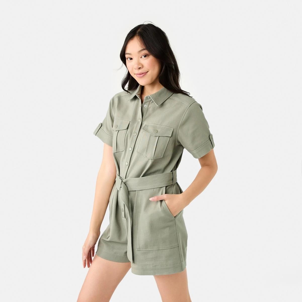 3 Short Sleeve Belted Playsuit LIGHT KHAKI, 3 of 10