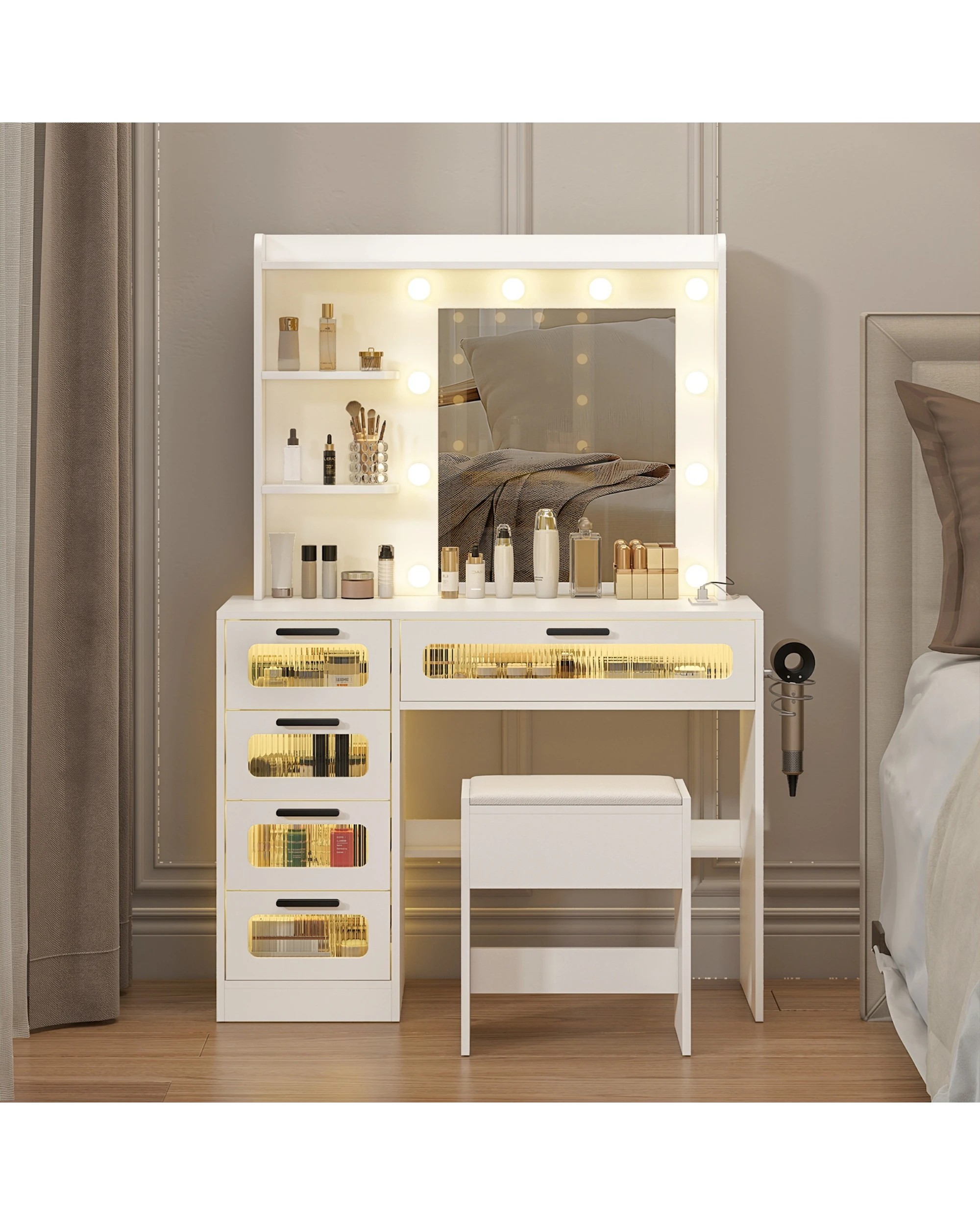 2 Advwin Dressing Table Stool Set With Mirror 10 Led Bulbs Vanity Desk
 - White, 2 of 9