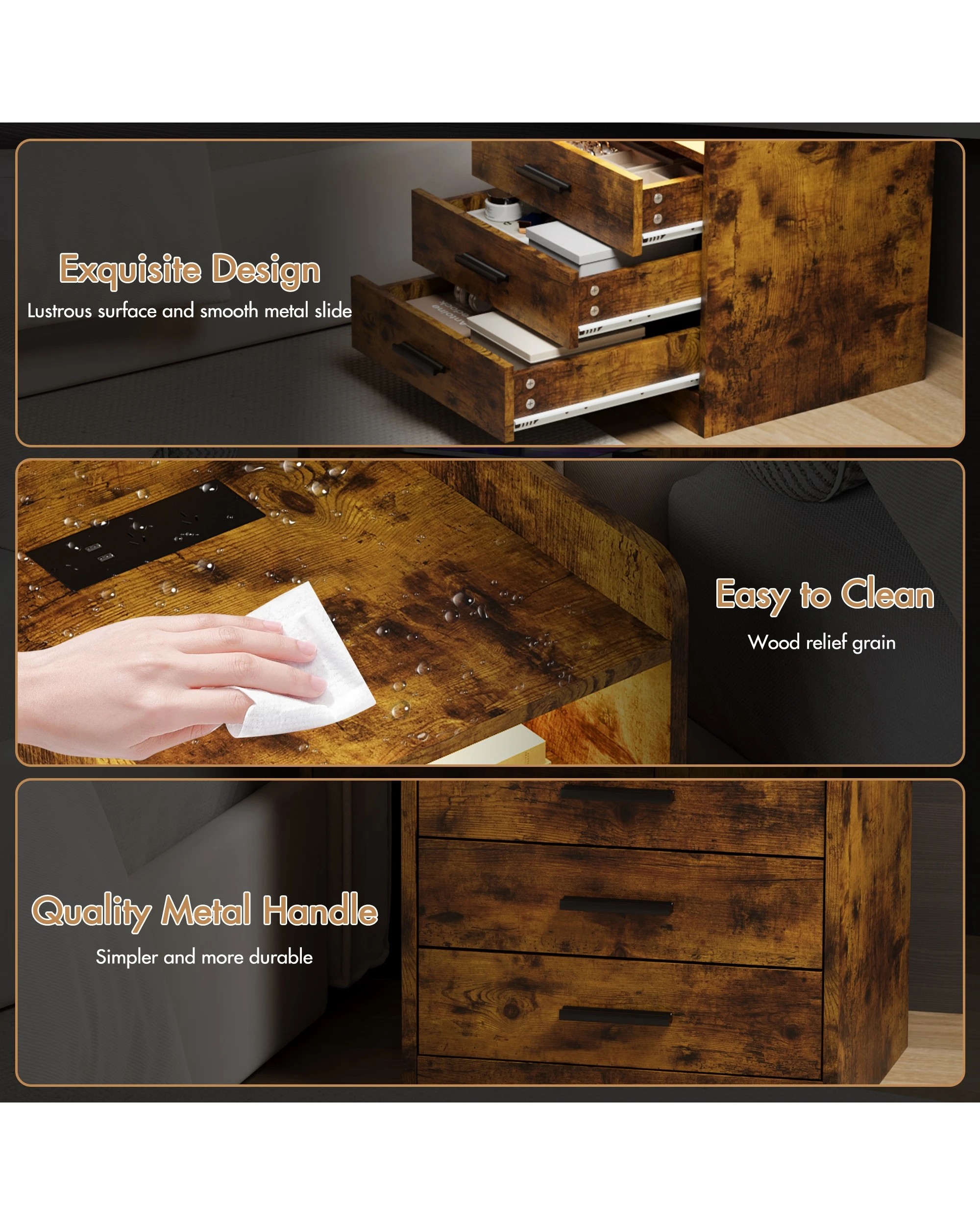 5 Advwin Bedside Table Rgb Led Nightstand Charging Station 3 Drawers Cabinet
 - Brown, 5 of 9
