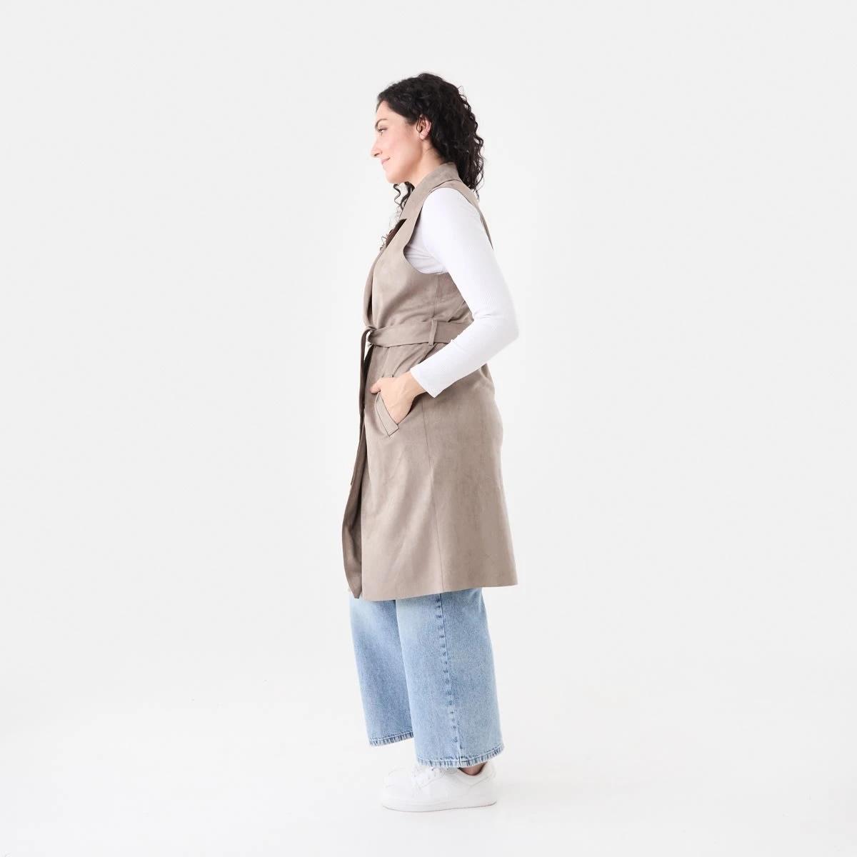 2 Sleeveless Suedette Trench Coat Taupe Brn, 2 of 7