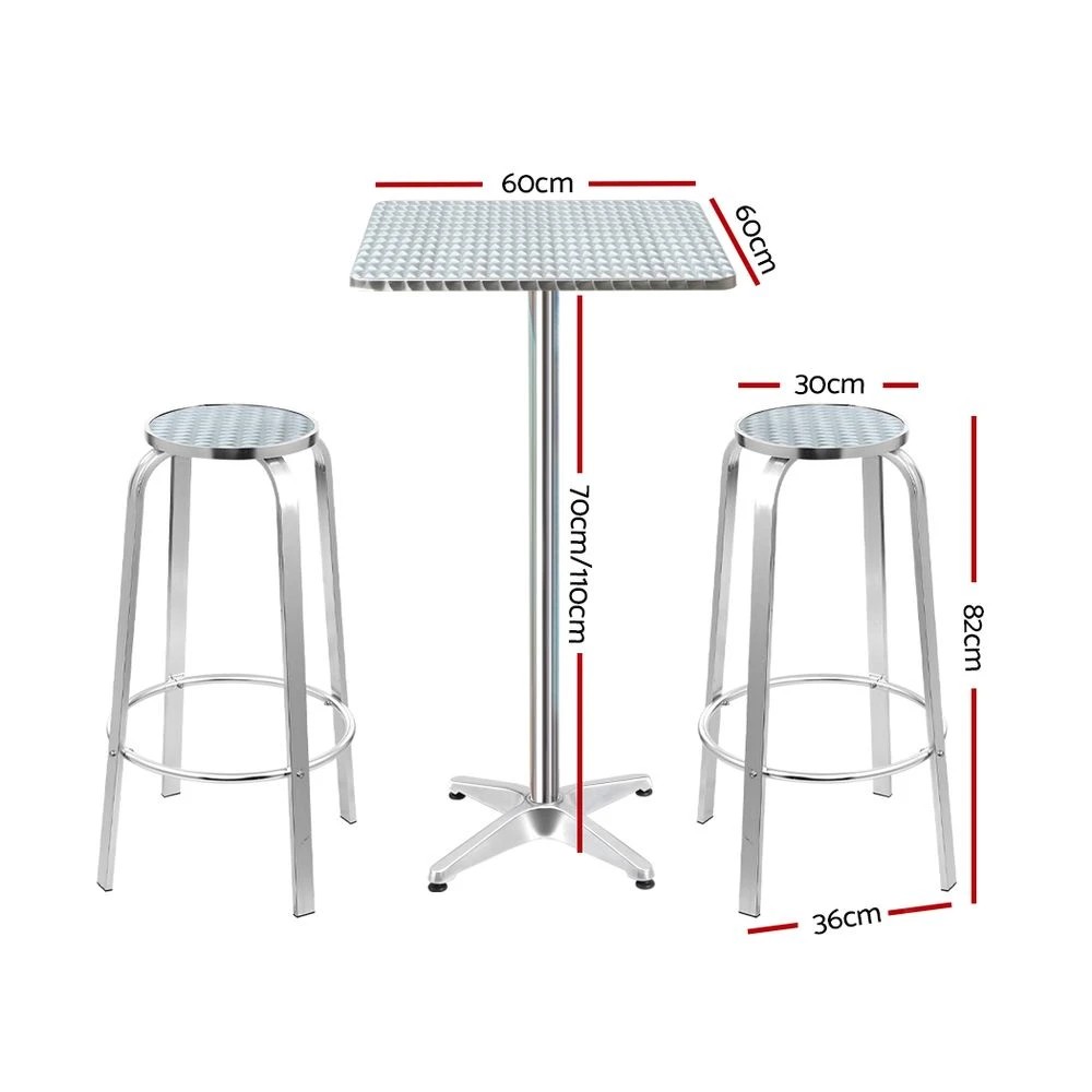 2 Gardeon 3-Piece Outdoor Bar Set Bistro Table Stools Adjustable Square Cafe - Silver, 2 of 7