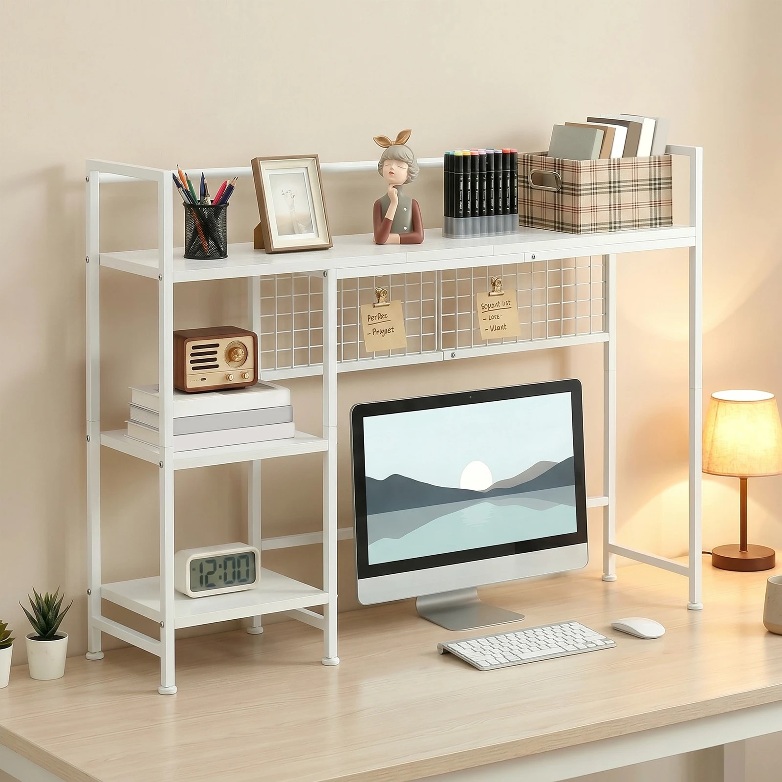 6 Advwin Desktop Organizer Shelf  Desktop Display Rack with Open shelves & 5 Hooks Desk Hutch for Computer Desk - White, 6 of 8