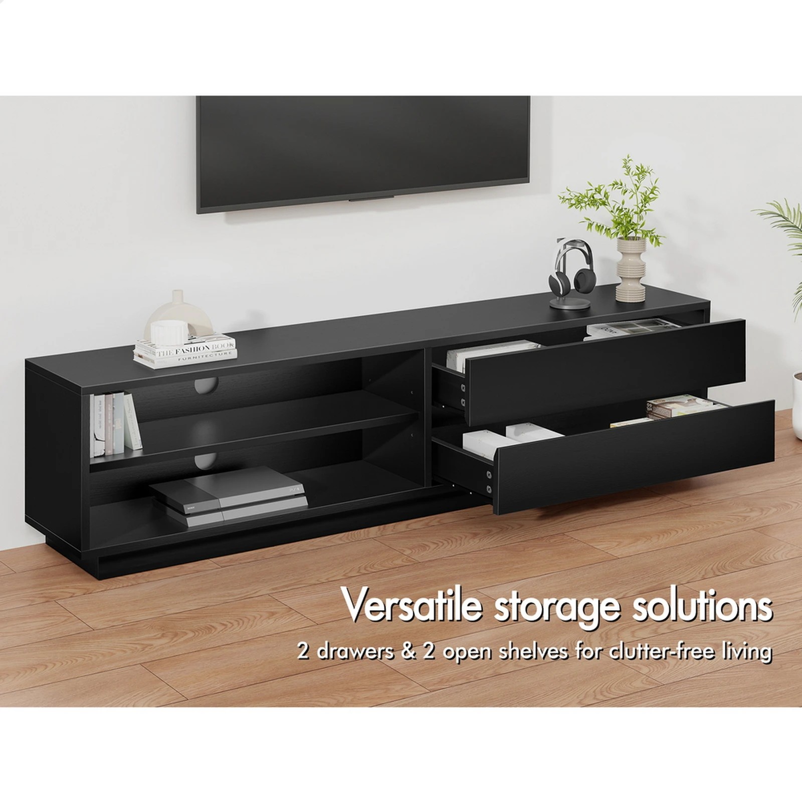 4 Alfordson Entertainment Unit TV Cabinet Stand Storage Drawer 180cm - Black, 4 of 10