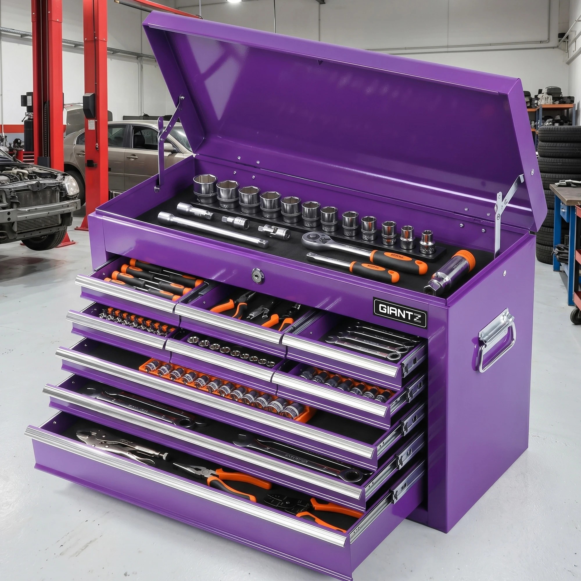 4 Giantz 9-Drawer Tool Cabinet Chest Toolbox Heavy Duty Garage Storage Organiser - Purple, 4 of 9