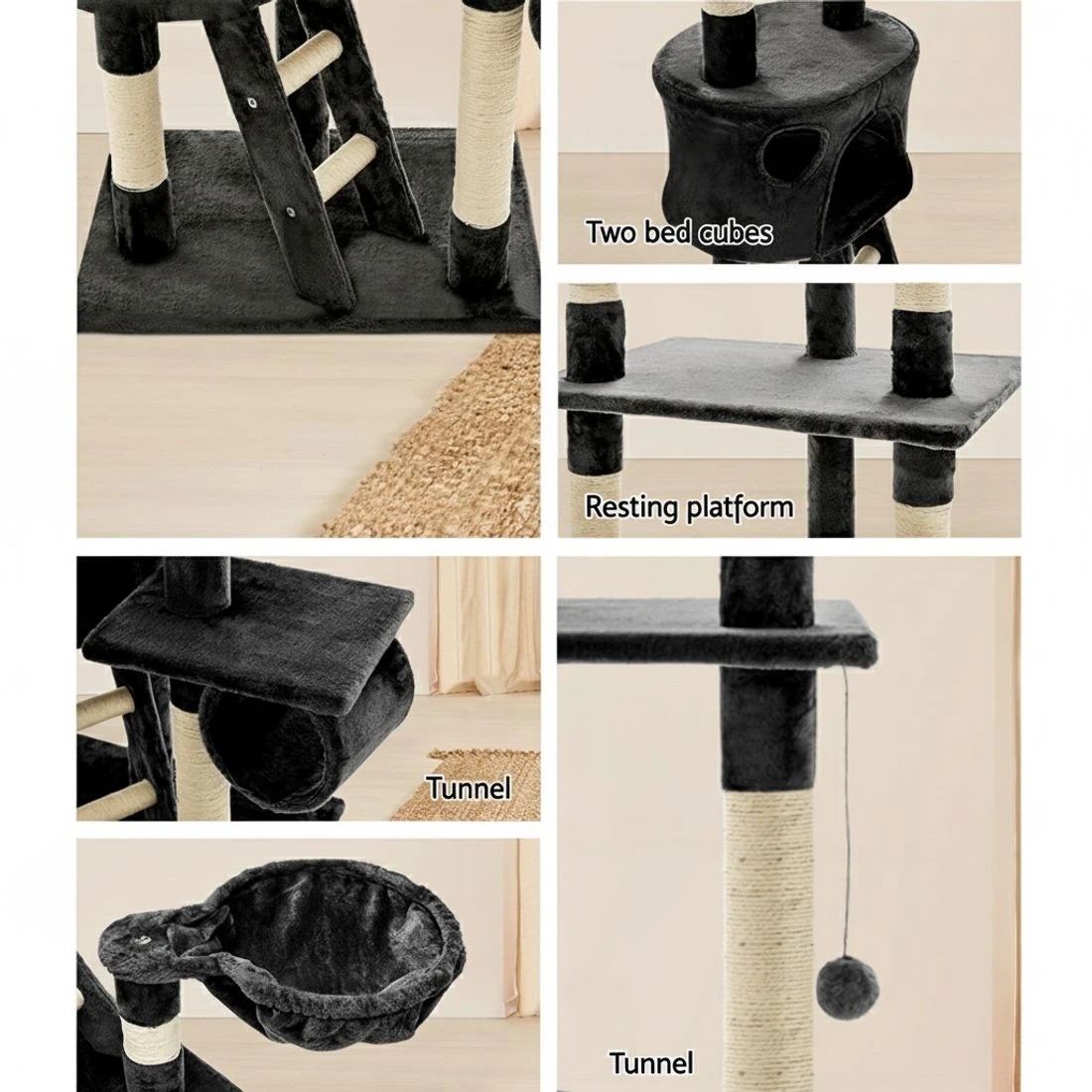 5 i.Pet Cat Tree 260cm Tower Scratching Post Scratcher Condo House Trees - Grey, 5 of 6