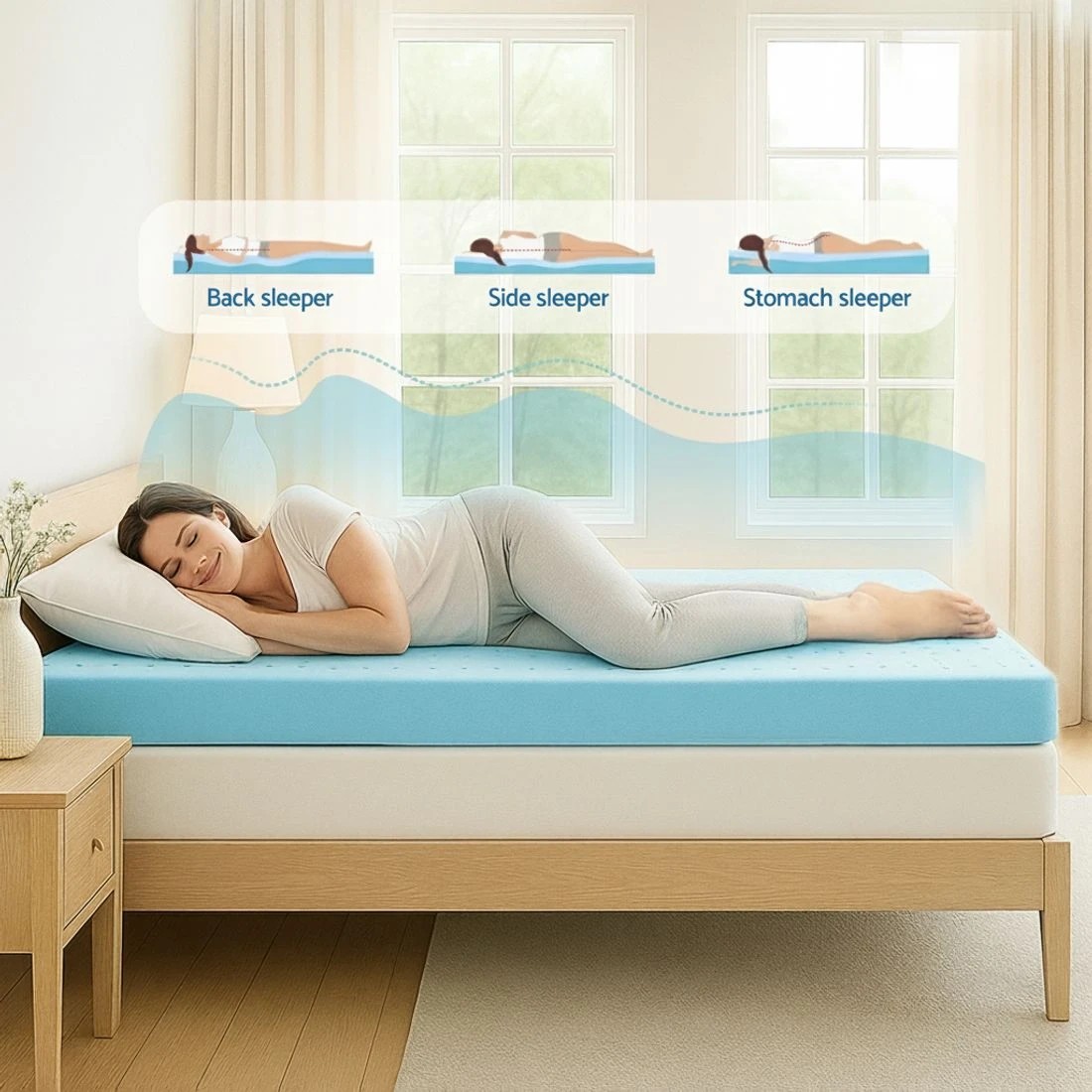 4 Giselle 12cm Memory Foam Mattress Topper Ventilated Cool Gel Bamboo Cover King Single - King Single Bed - Blue, 4 of 9