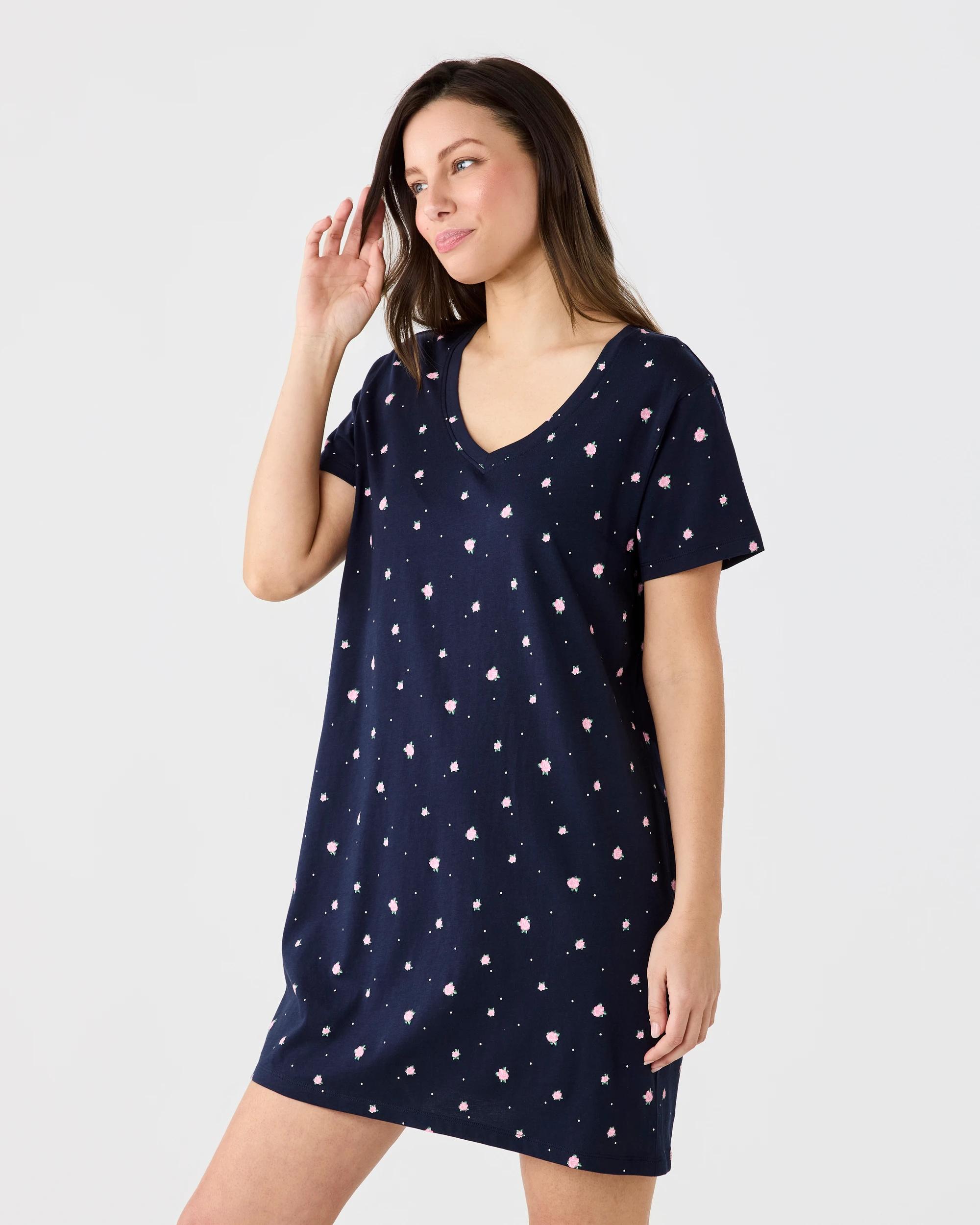 2 Cotton V-Neck Nightie Navy Ditsy, 2 of 6