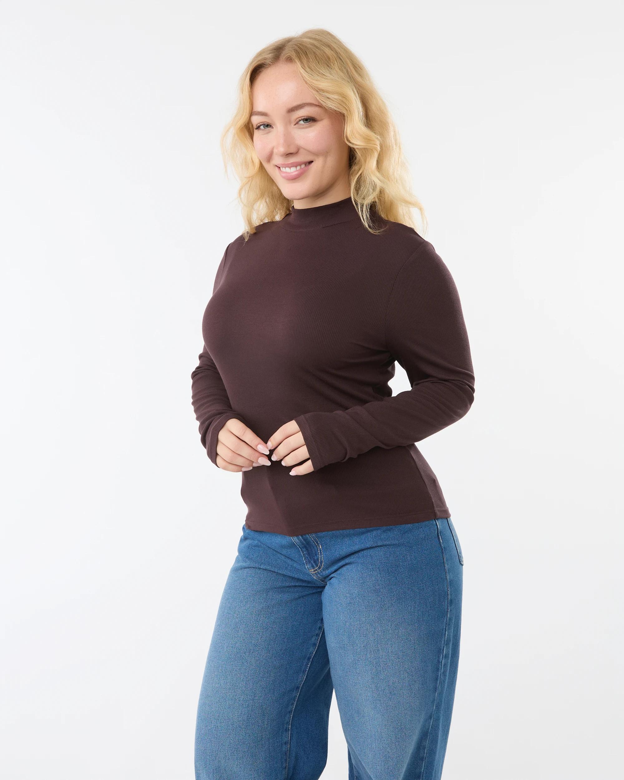 2 Long Sleeve Rib Mock Neck Top Choc Plum, 2 of 6
