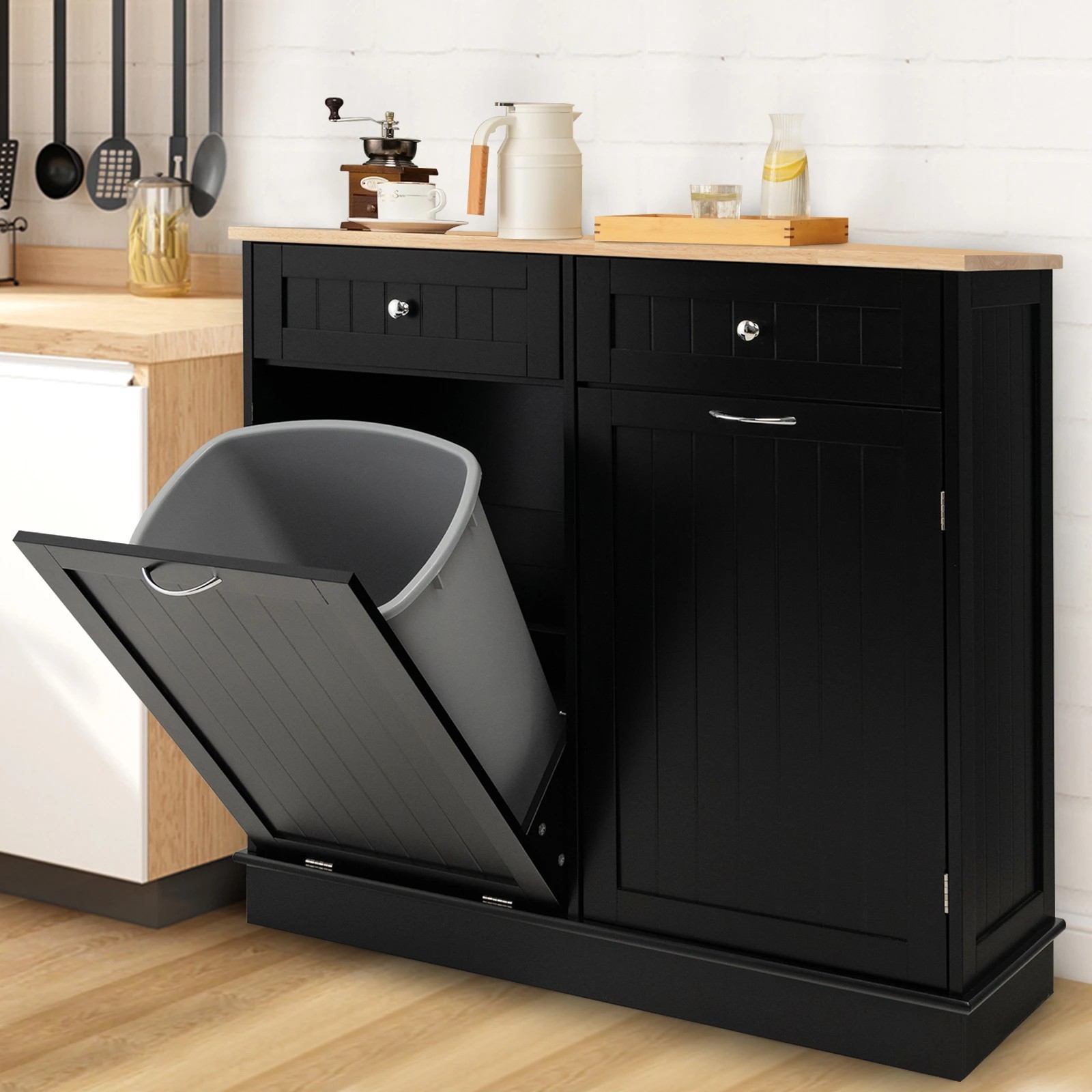 2 Costway Kitchen Cabinet w/Trash Bin Black, 2 of 5