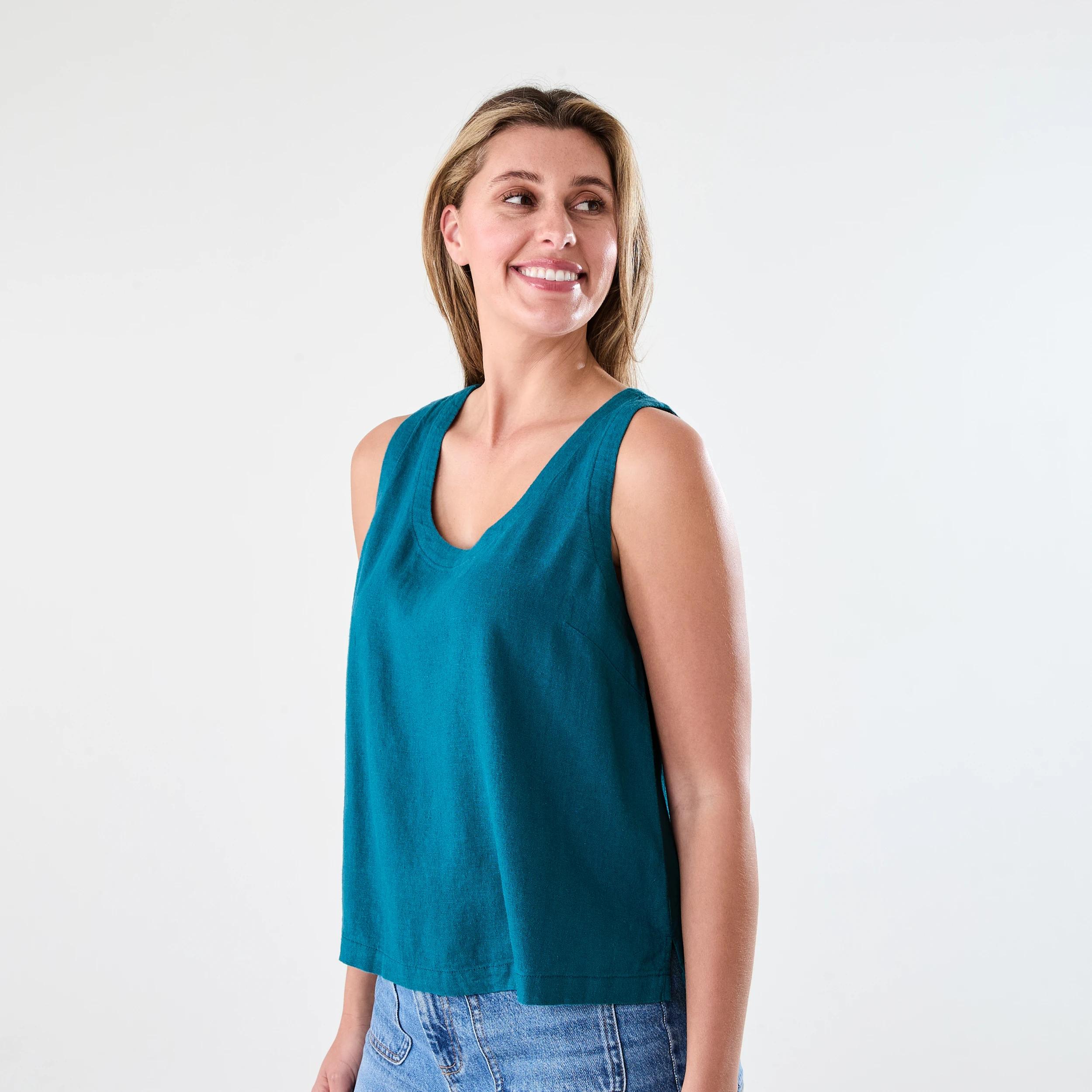 2 Sleeveless Linen Blend Scoop Neck Tank Teal Coral, 2 of 6