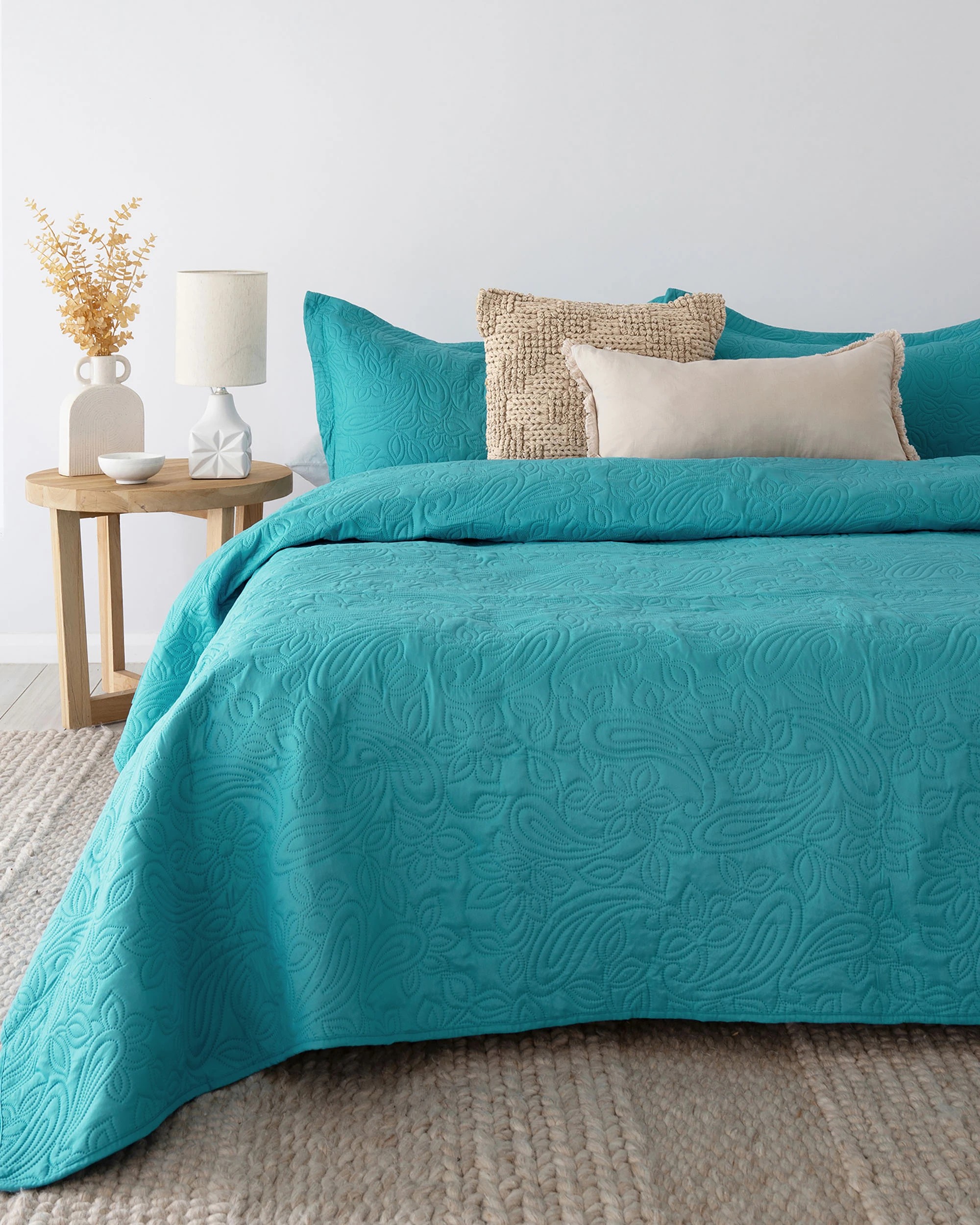 1 Bambury Paisley Embossed Microfibre Lightweight  Coverlet Set  Peacock -  Queen/King - Blue, 1 of 4