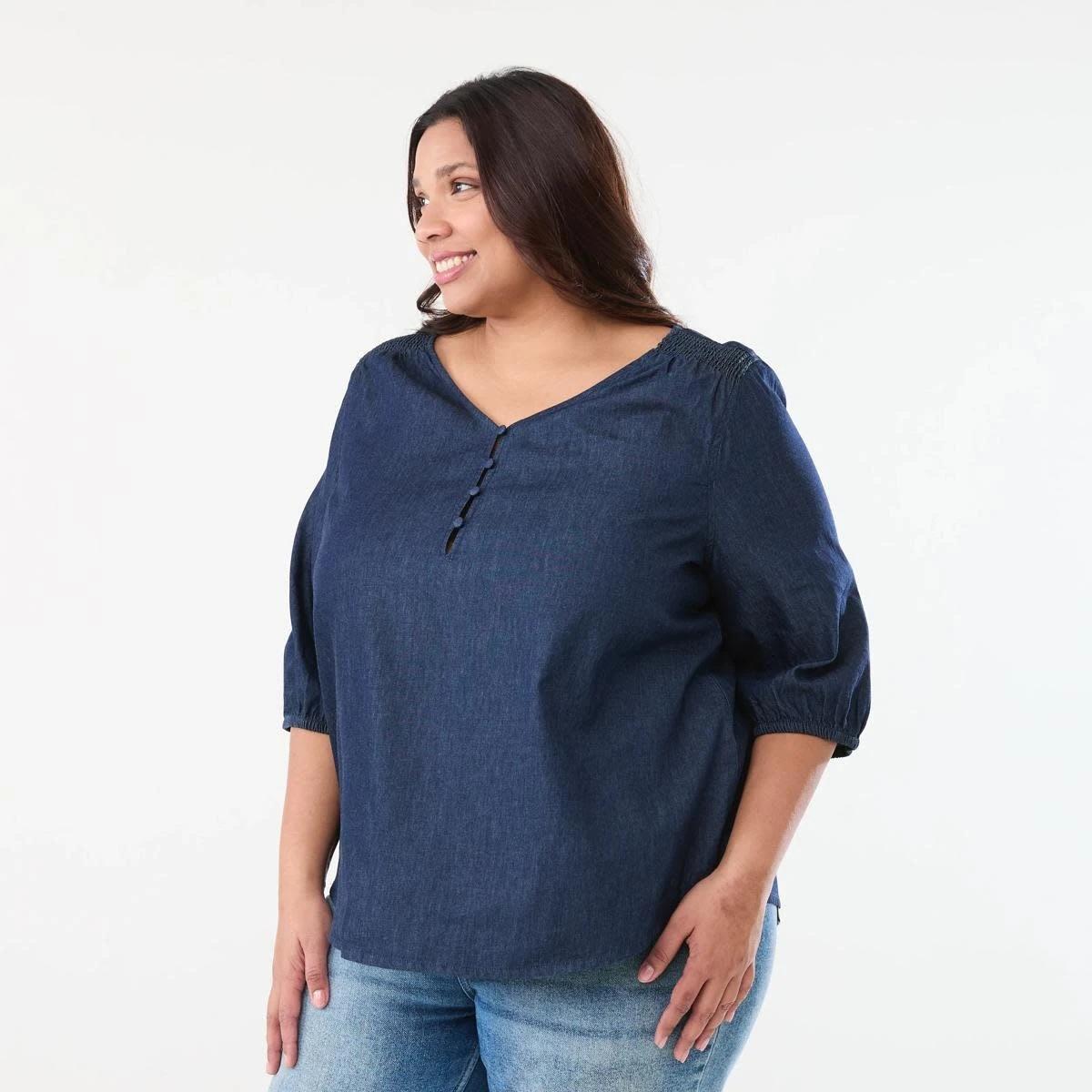2 Curve Long Sleeve Shirred Shoulder Top DARK DENIM WASH, 2 of 6