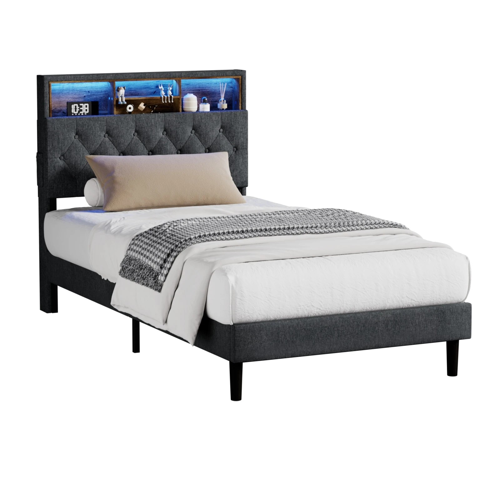 1 Oikiture King Single Bed With Led Storage Bedhead Bed Frame
 - Grey, 1 of 10