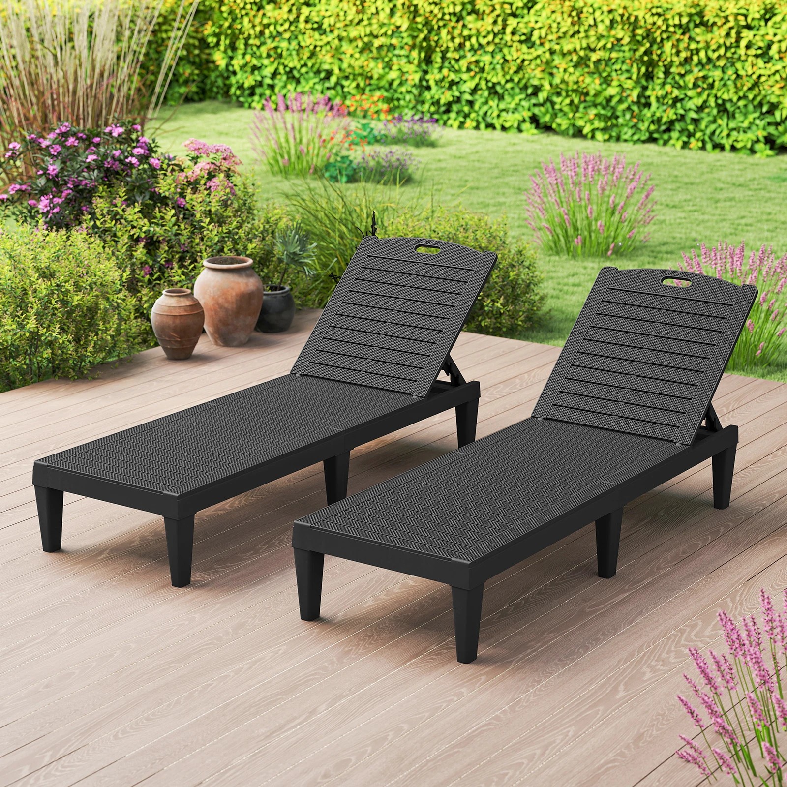 4 Costway 2x Outdoor Lounge Chairs PP Recliner Lounger w/4-Position Backrests - Black, 4 of 6