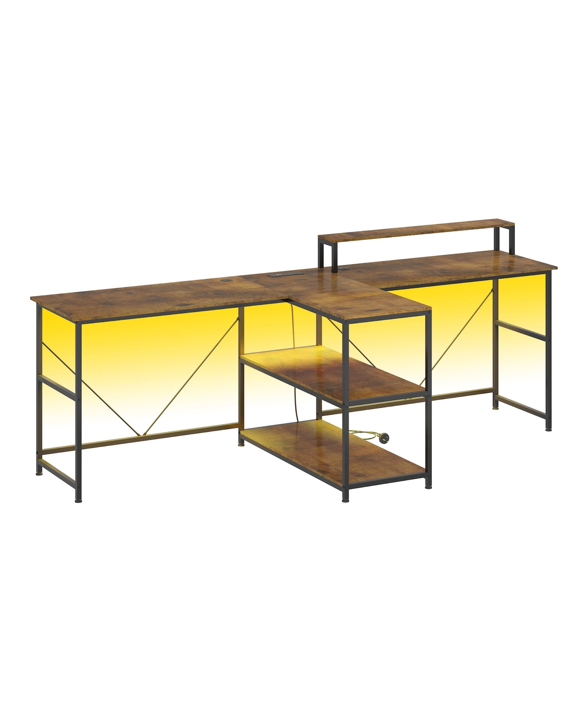 7 Advwin 236cm 2 Person LED Gaming  Computer Desks w/ Power Outlets - Brown, 7 of 9