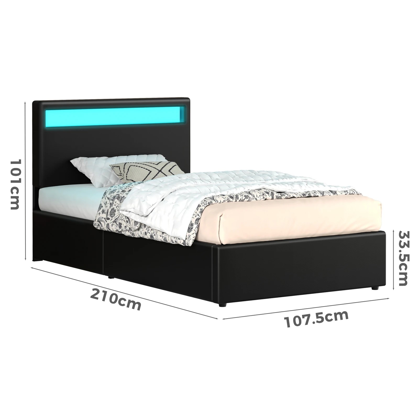 9 Alfordson Bed Frame Single Size RGB LED Gas Lift Storage Base Luchino - Black, 9 of 10