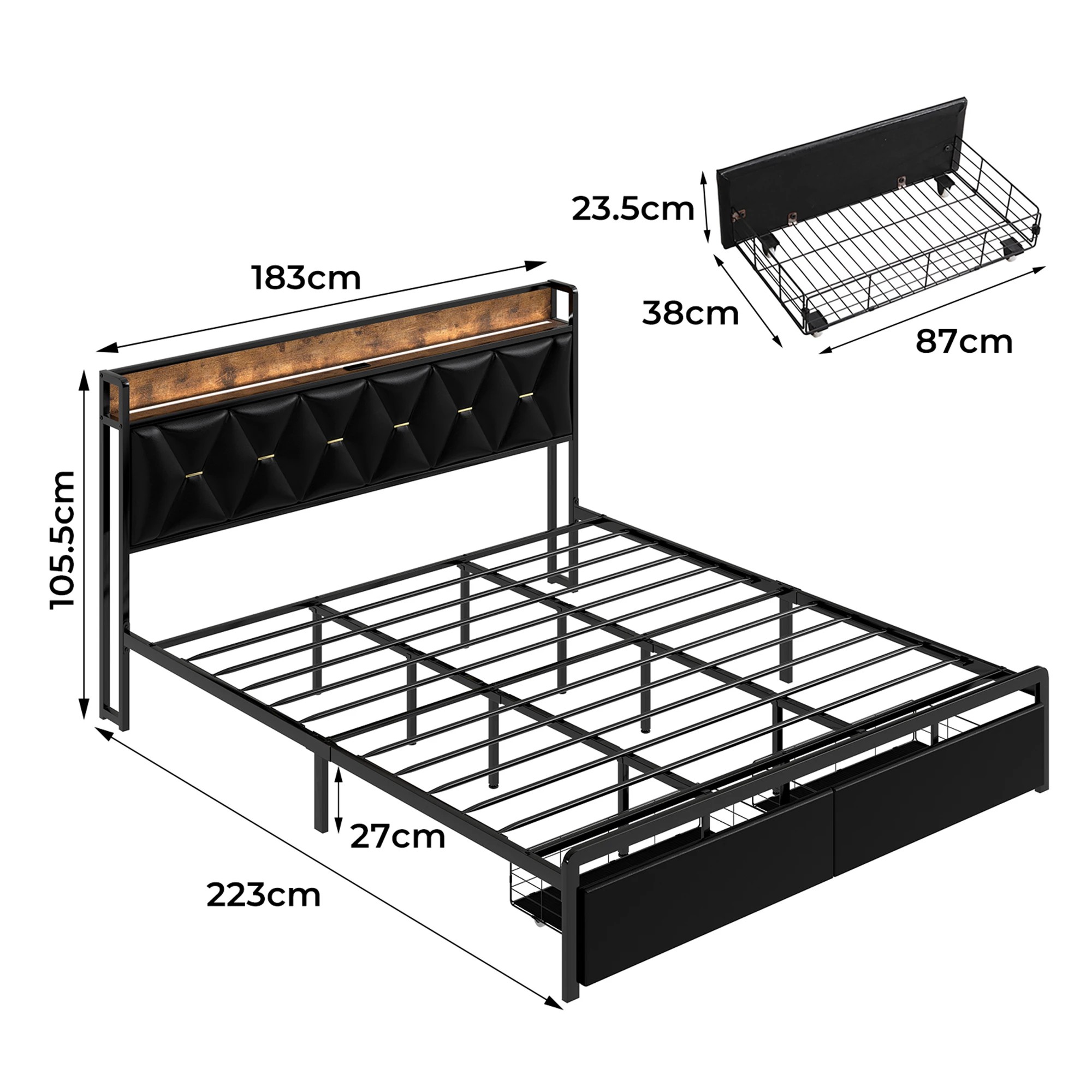 3 Levede King Bed Frame PU with LED and Charging Station - Black, 3 of 9