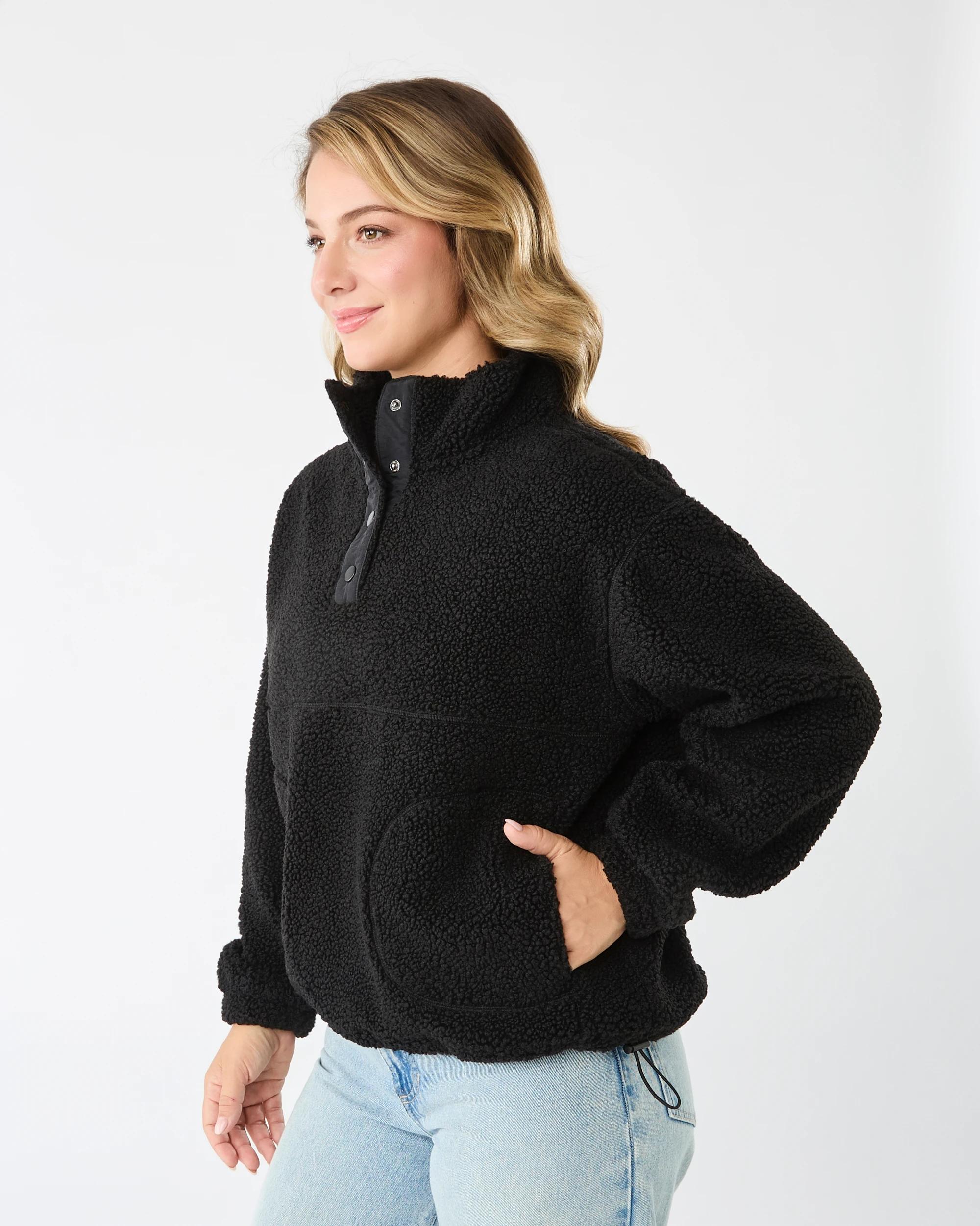 2 Long Sleeve Quarter Button Through Boucle Sweatshirt Black, 2 of 7
