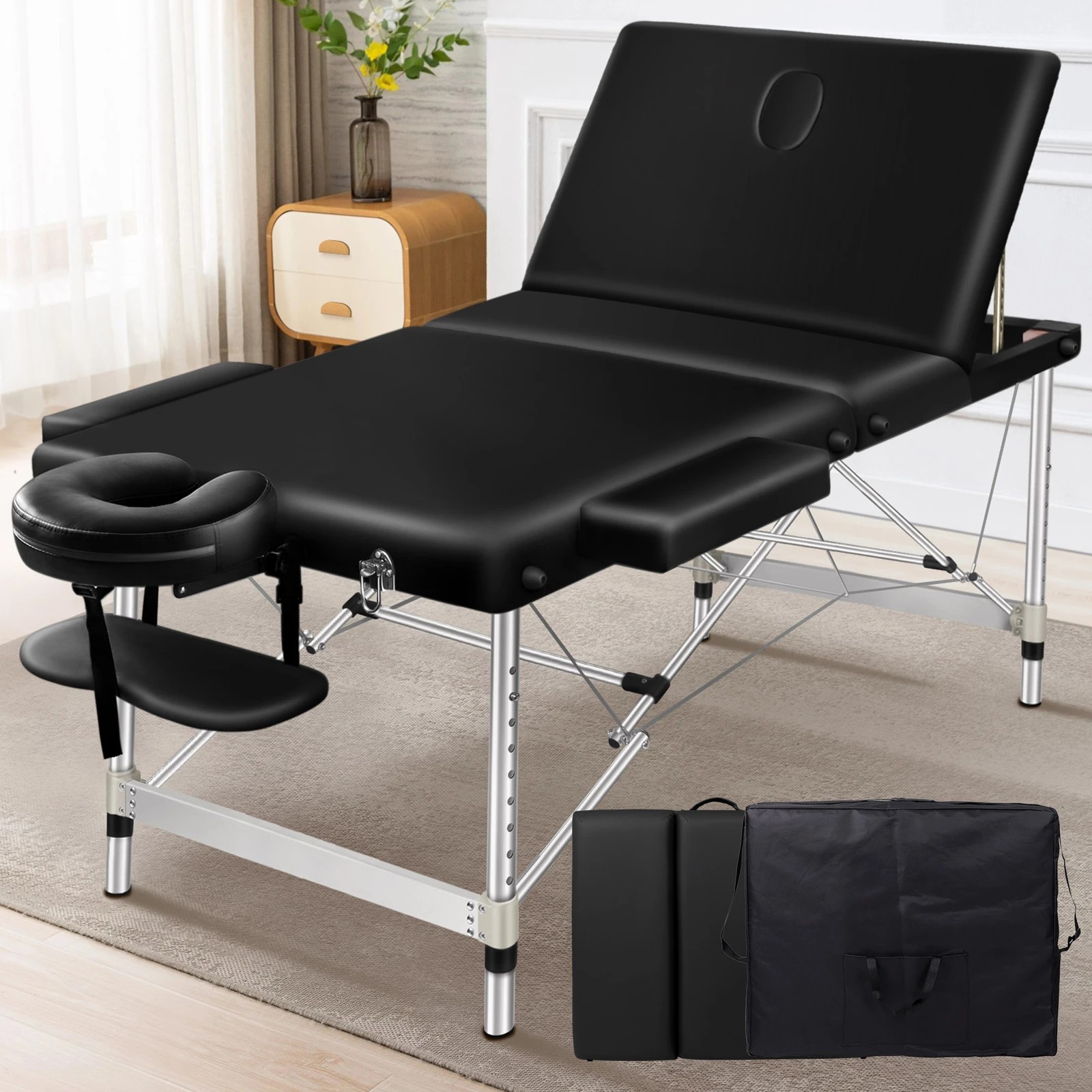 2 Alfordson Massage Table 3 Fold 75cm Foldable Portable Aluminium Lift Up Bed Desk - Black, 2 of 4
