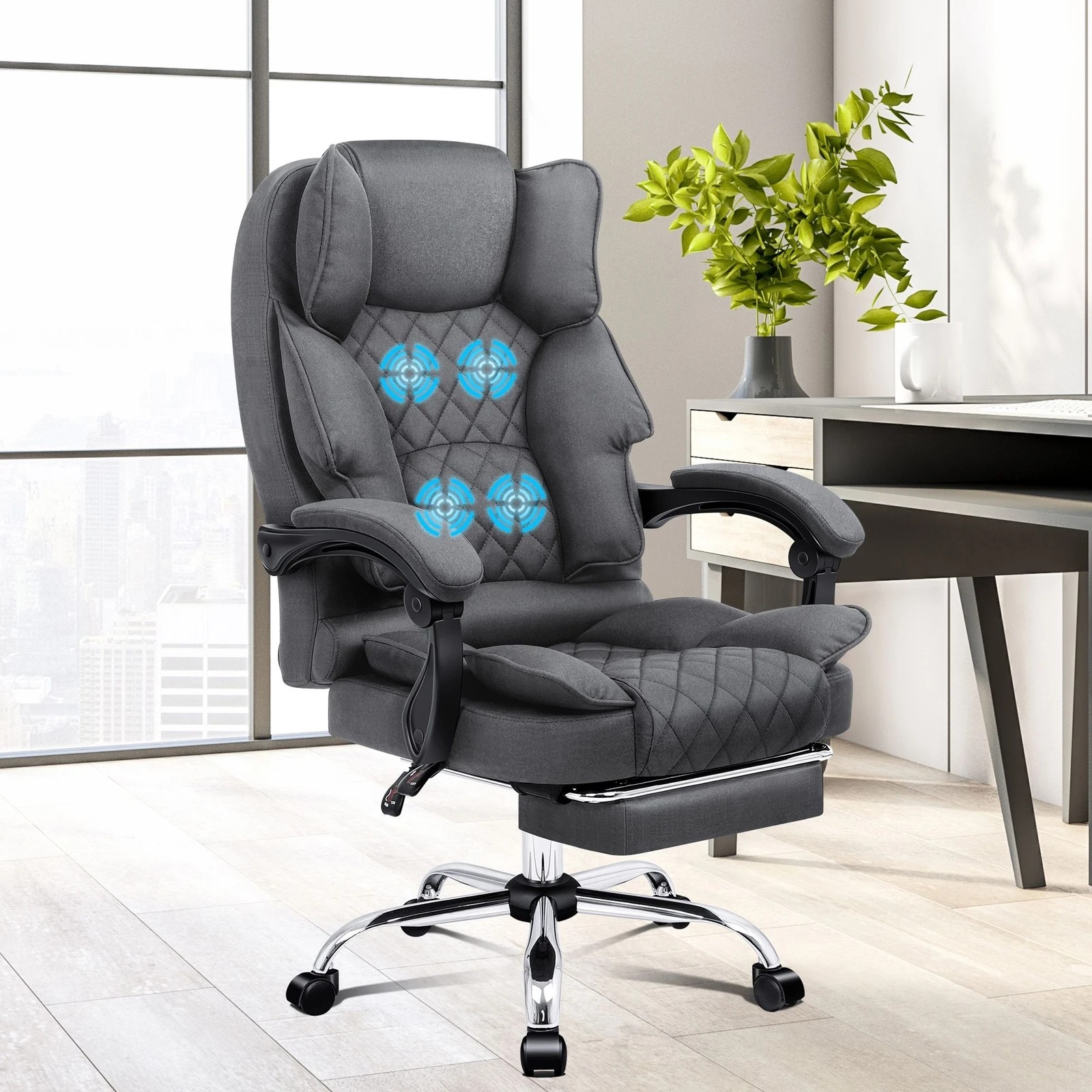 2 Alfordson Massage Office Chair Fabric Executive Recliner Gaming Computer Seat - Grey, 2 of 10