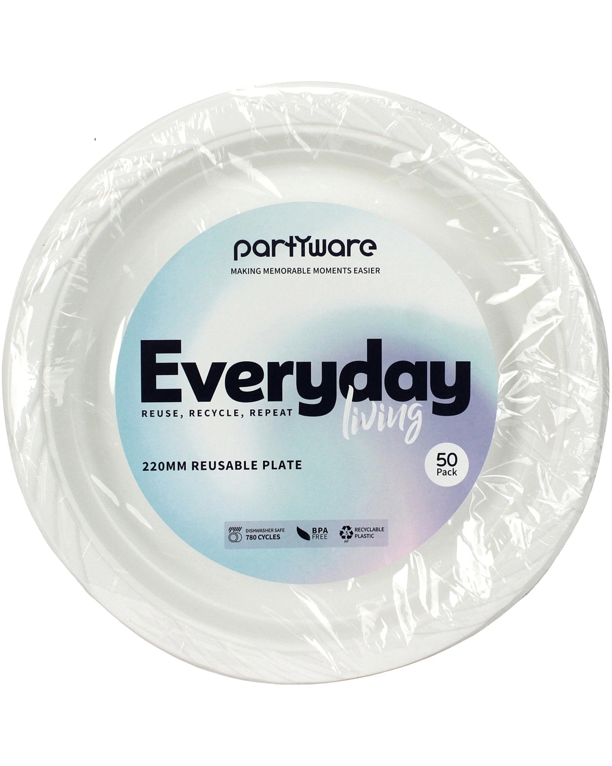 2 Partyware Everyday Living Reusable Plastic Lunch Plates 22cm Bulk Pack of 50 - White, 2 of 3