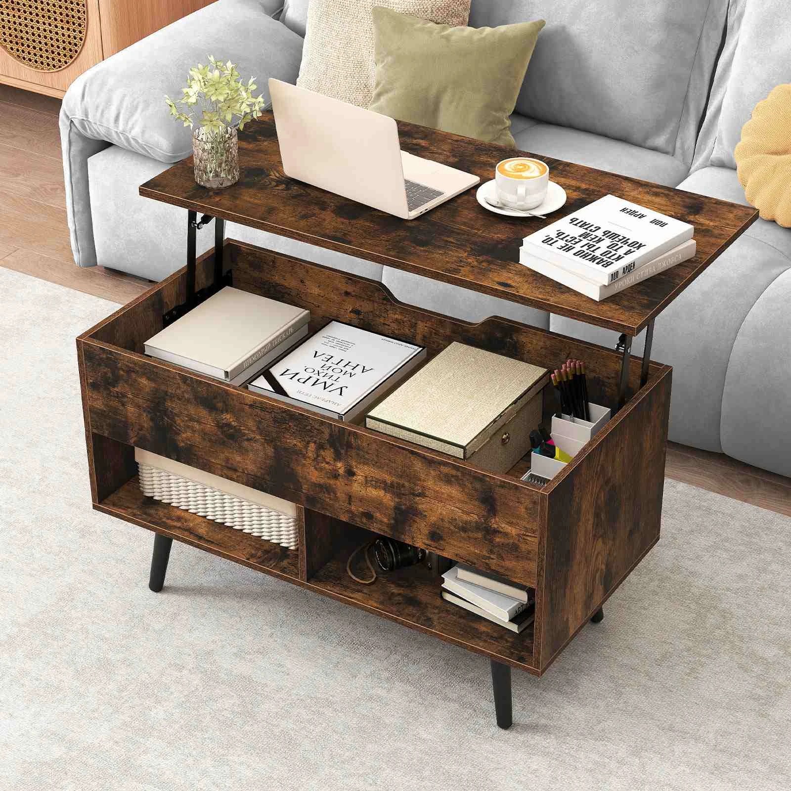 4 Costway 80cm Lift Top Coffee Table Modern Dining Table w/Hidden Storage Compartment - Brown, 4 of 5