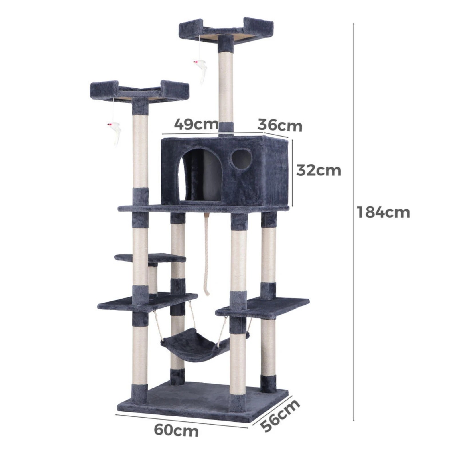 2 Beastie Cat Tree Scratching Post Scratcher Tower Condo House Furniture Wood 184cm - Grey, 2 of 5