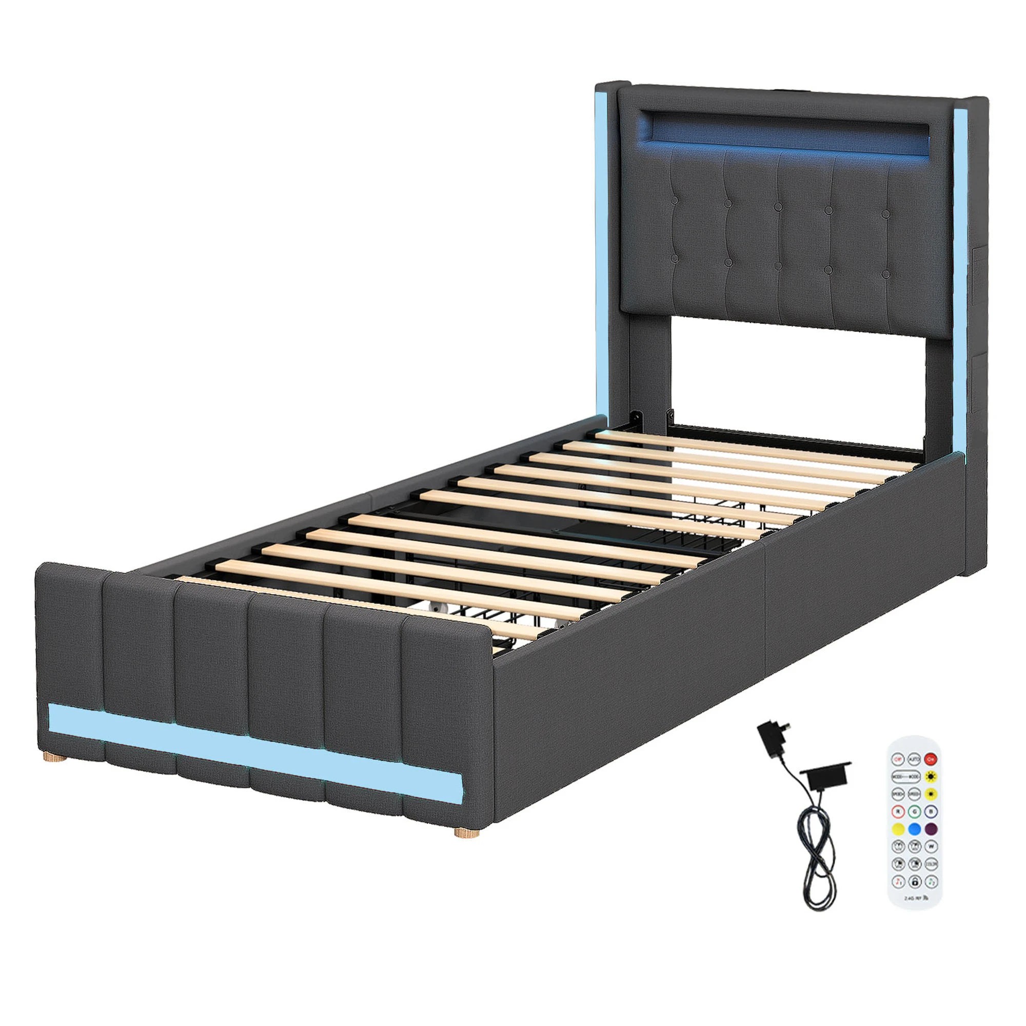 1 Levede Single Bed Frame Linen Fabric with LED Charging Station and 4 Drawers - Grey, 1 of 9
