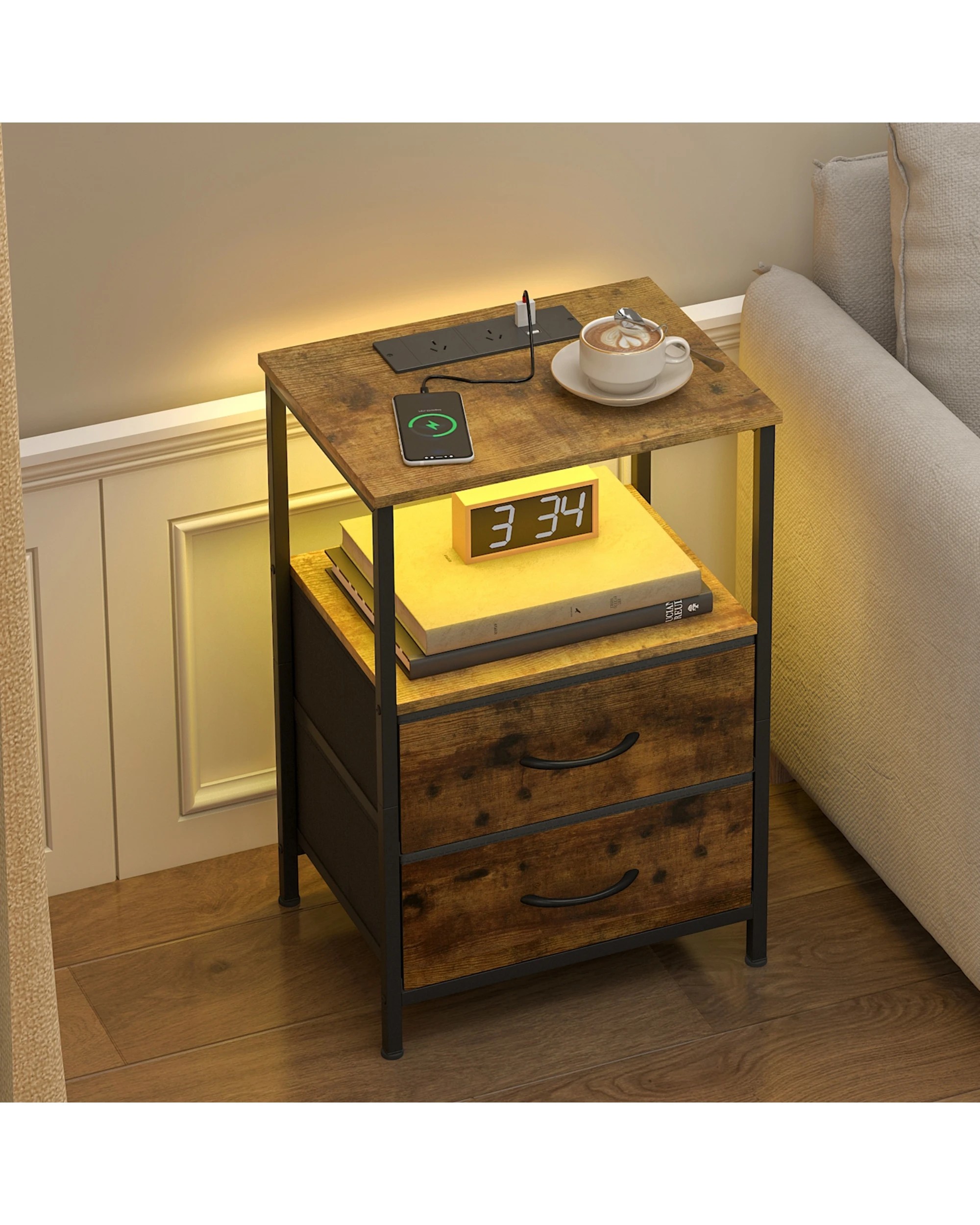 4 Advwin Led Bedside Table With Charging Station 2 Fabric Drawers Nightstand - Brown, 4 of 7