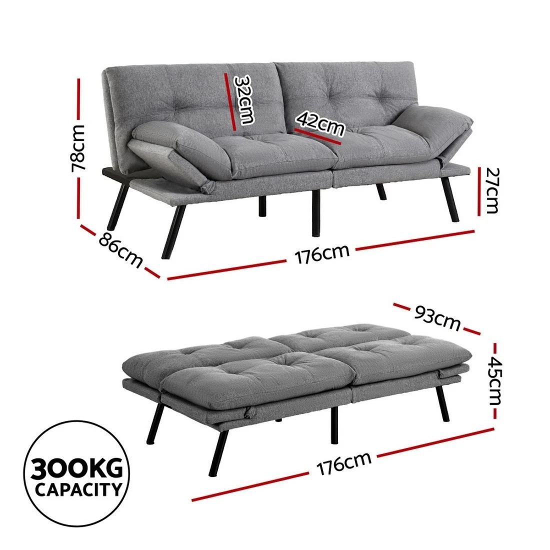 2 Artiss Sofa Bed Convertible 3 Seater Couch Recliner Lounge Chair Fabric - Grey, 2 of 4