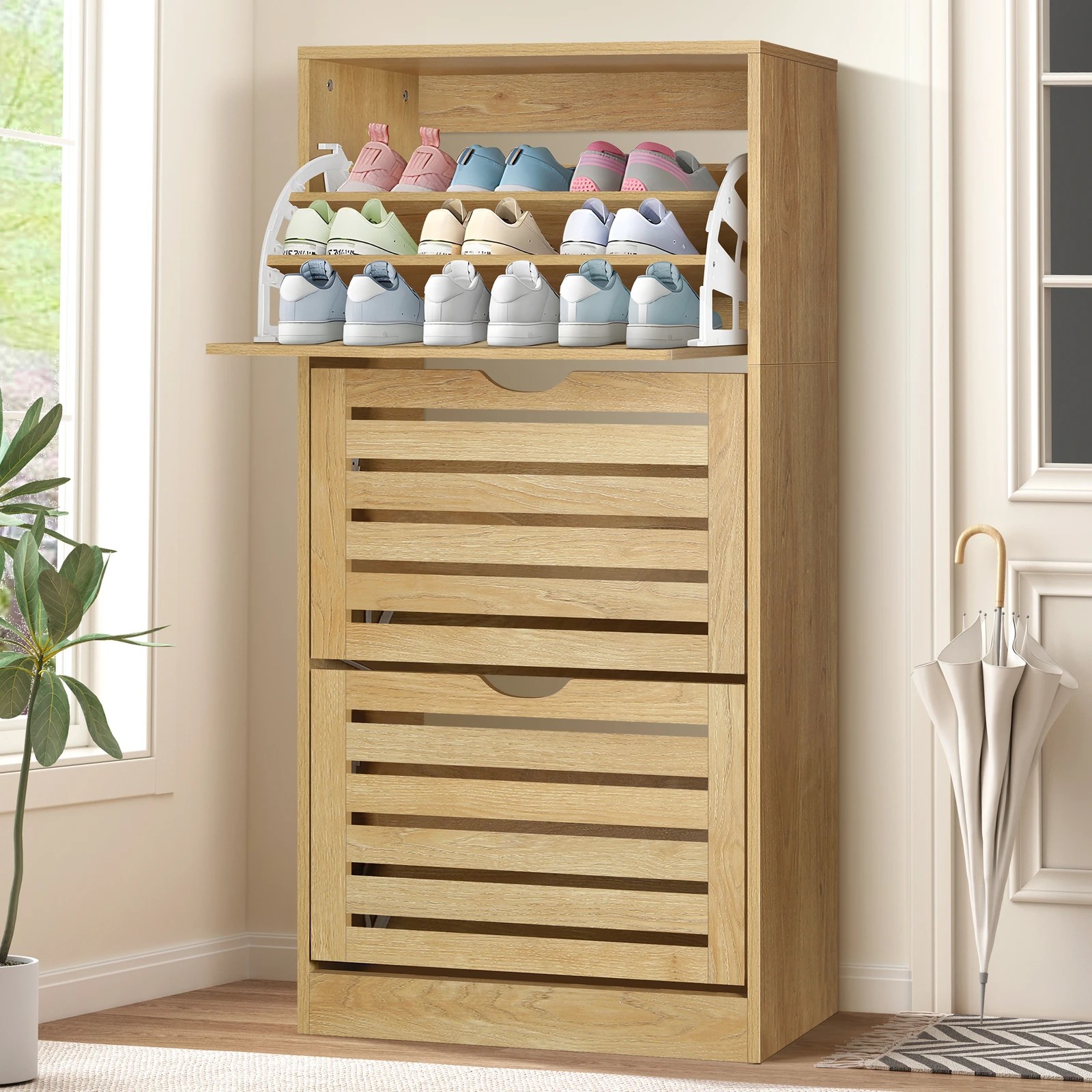 1 Alfordson Shoe Cabinet Storage Rack Flip Drawers - Oak, 1 of 10