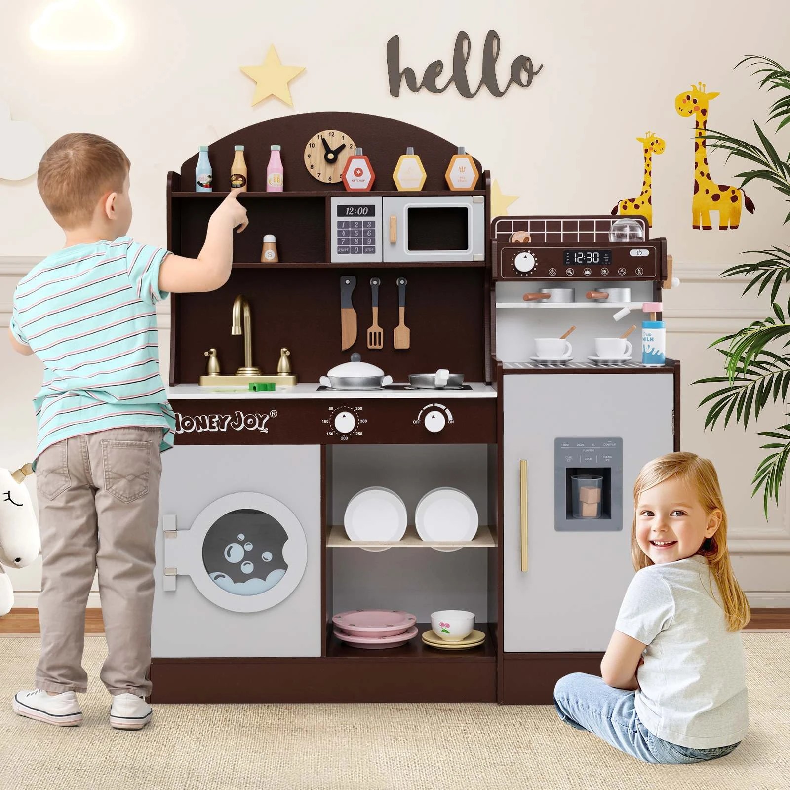 2 Costway Mini Pretend Wooden Kitchen Playset w/Dish Rack - Brown, 2 of 2