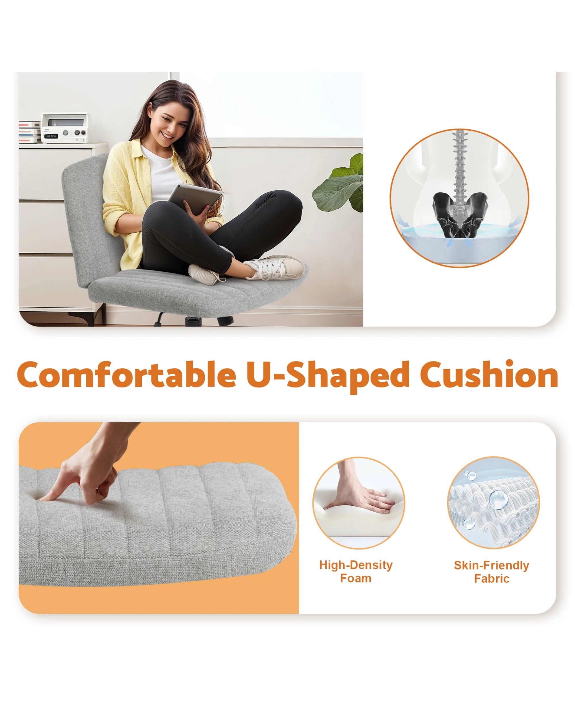 6 Advwin Armless Office Chair Swivel Vanity Chair No Wheel Grey, 6 of 9