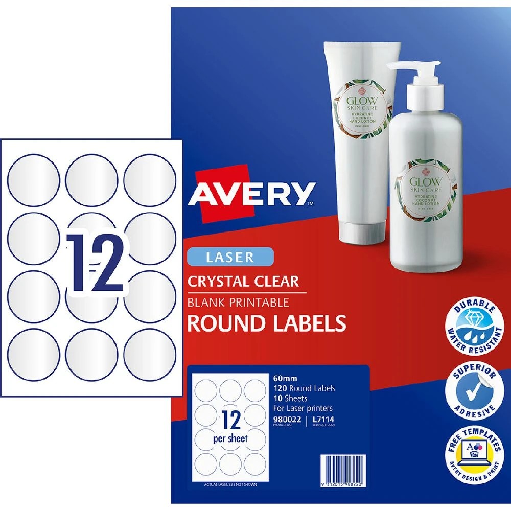 1 Avery 12UP Laser Crystal Clear Round 60mm Labels 10 Sheets, 1 of 6