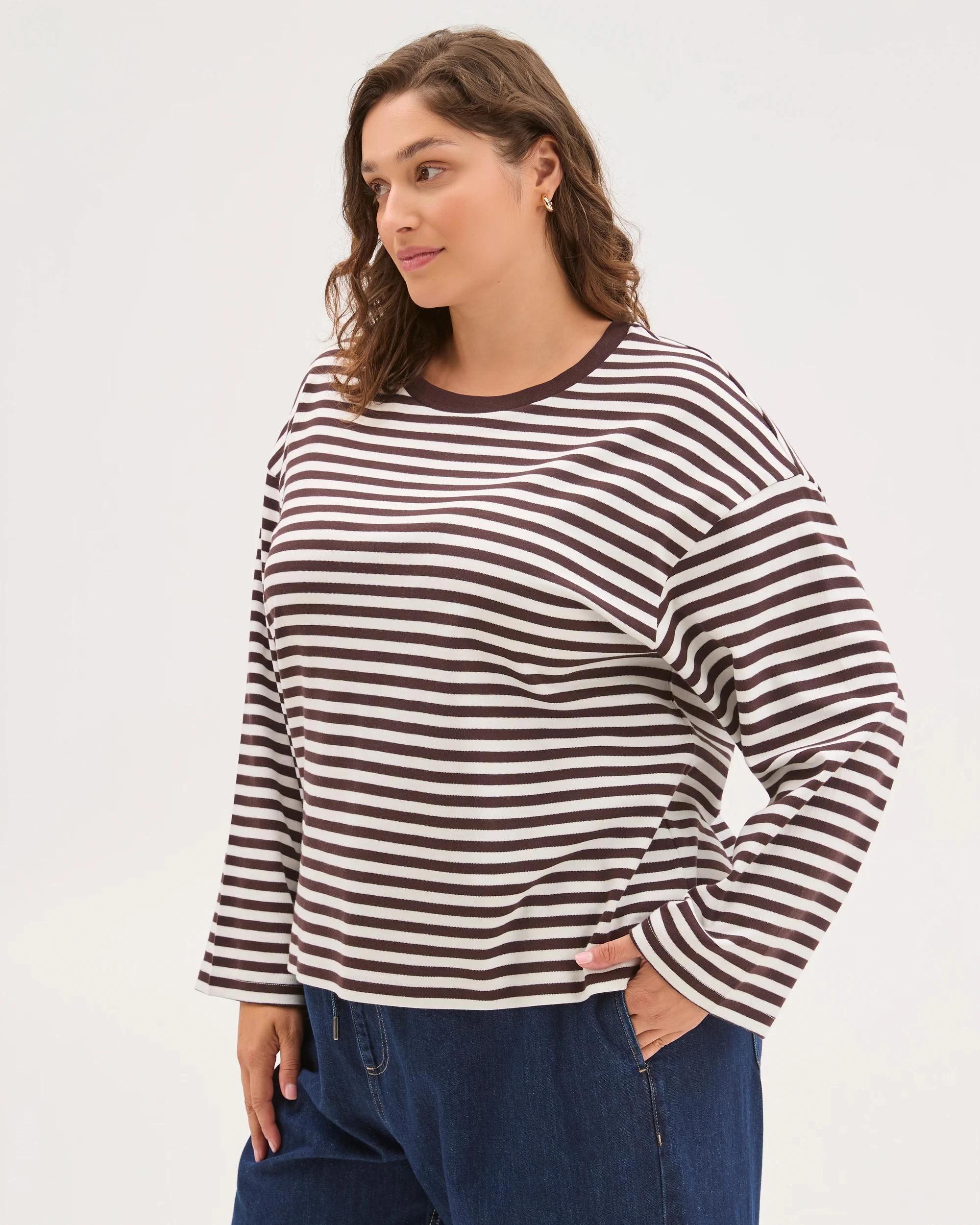 4 Target Curve Plus Size Australian Cotton Long Wide Sleeve T-Shirt BRUNETTE/WHITE, 4 of 6