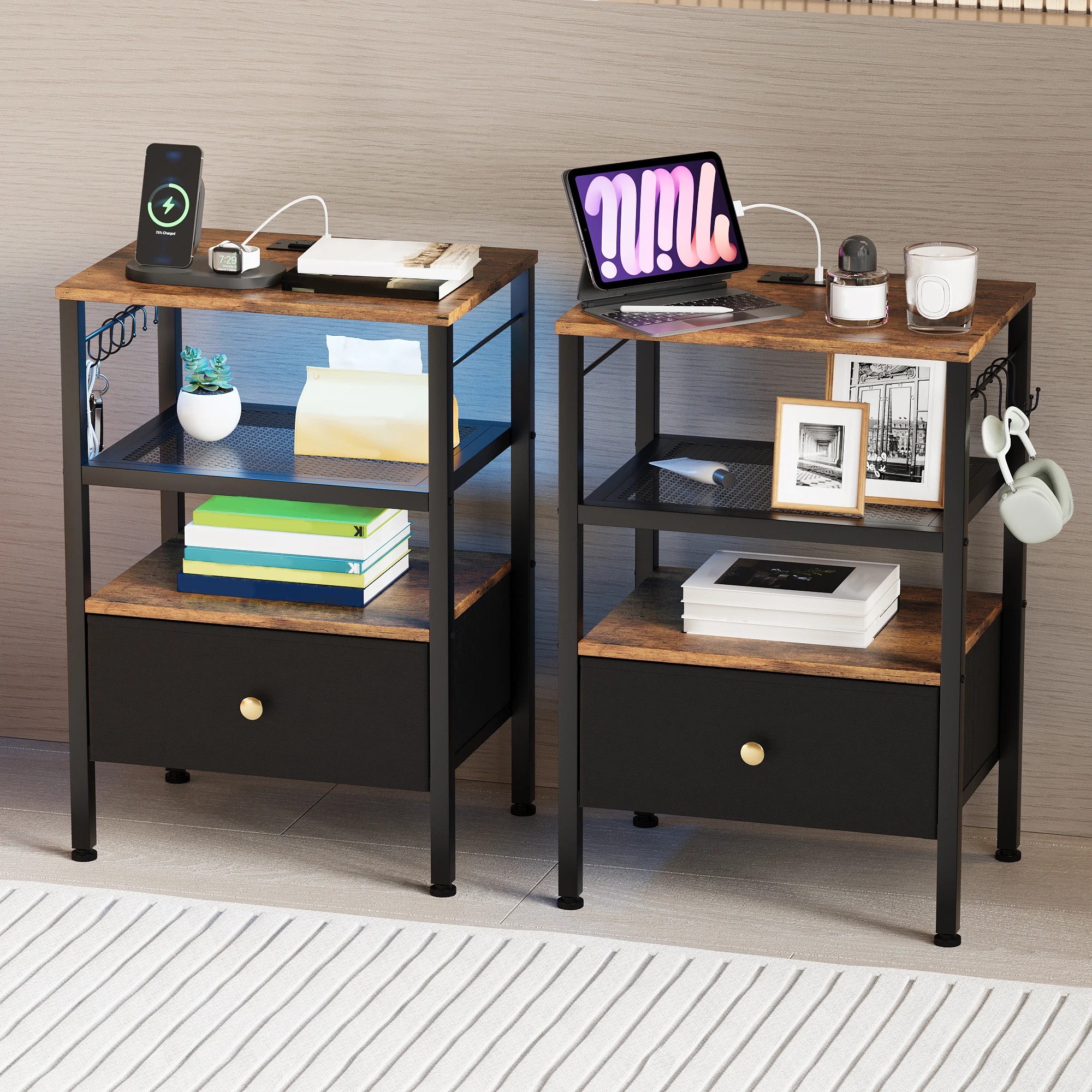 2 Advwin Set of 2 Bedside Table with Charging Station LED Lights Drawer - Brown, 2 of 8