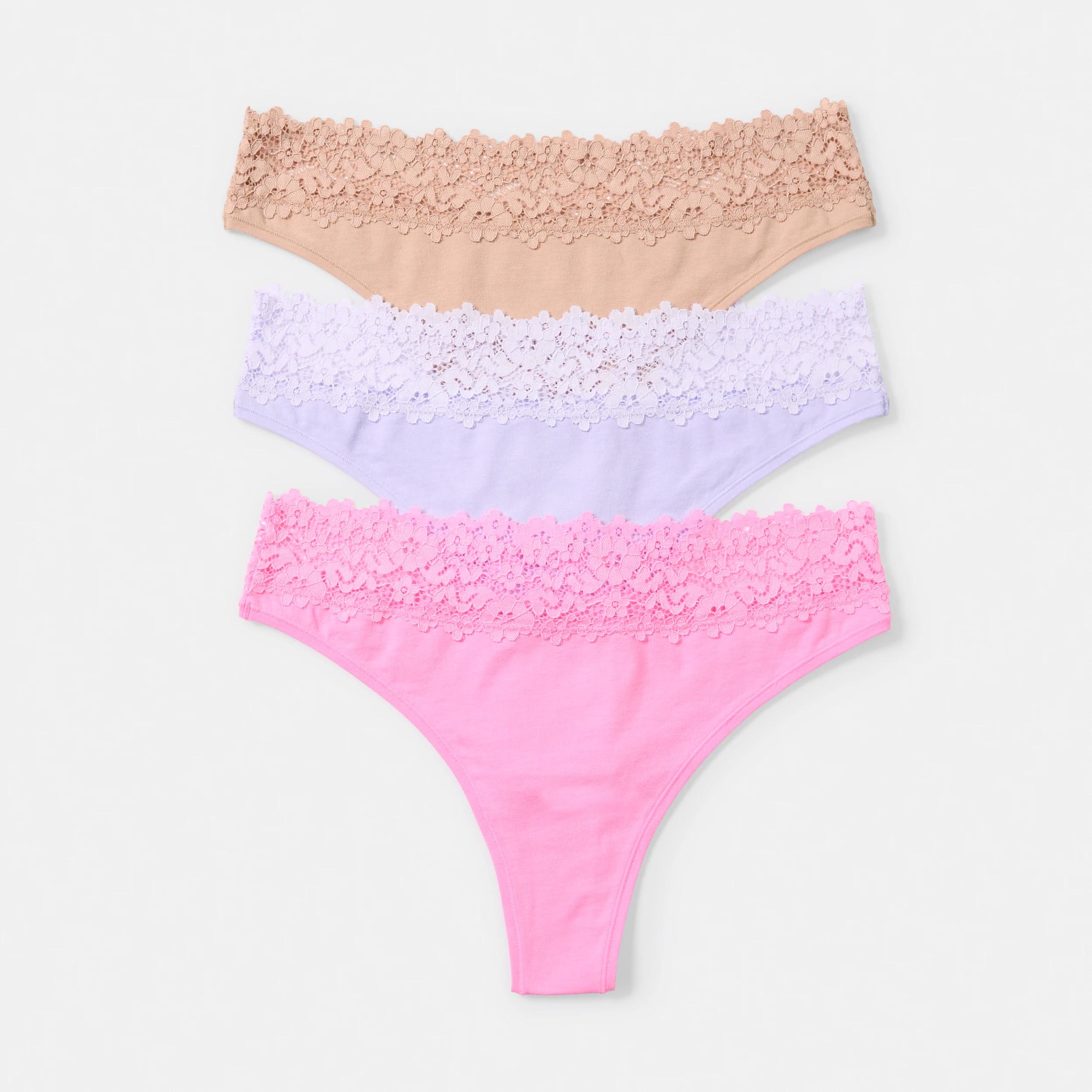 2 3 Pack Cotton Lace Tanga Briefs LIGHT FAWN, BRIGHT LAVENDER, FAIRY FLOSS, 2 of 8