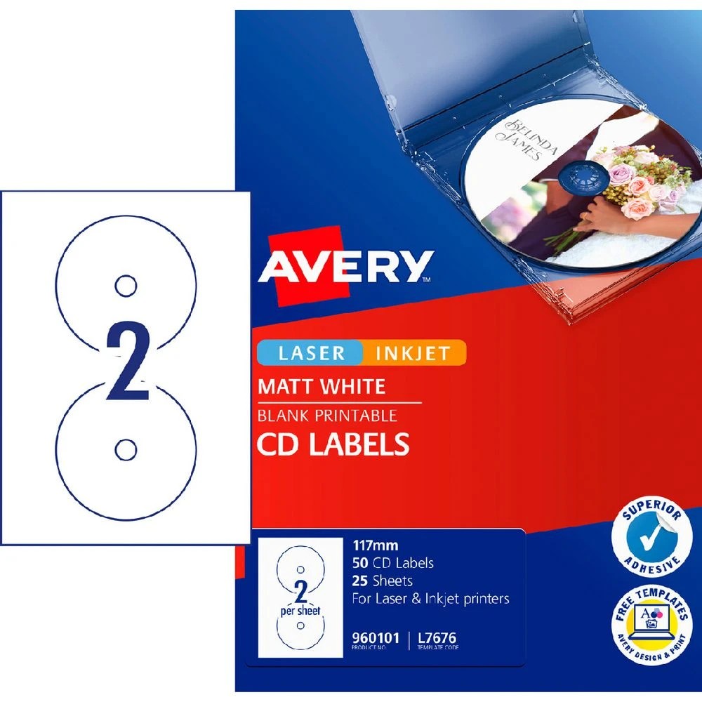 1 Avery 2UP Inkjet Laser CD Labels White 25 Sheets, 1 of 5