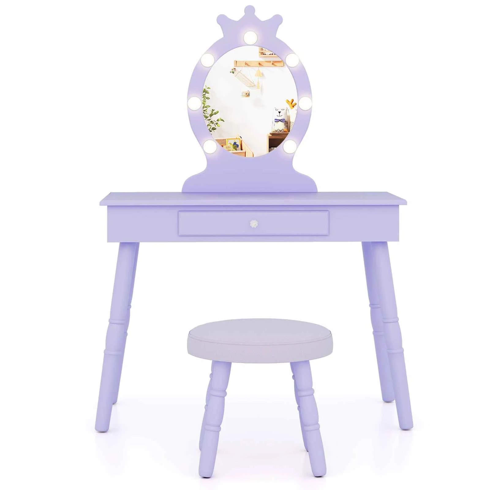 1 Costway 2-in-1 Vanity Princess Makeup Dressing Table Set w/Mirror - Purple, 1 of 4